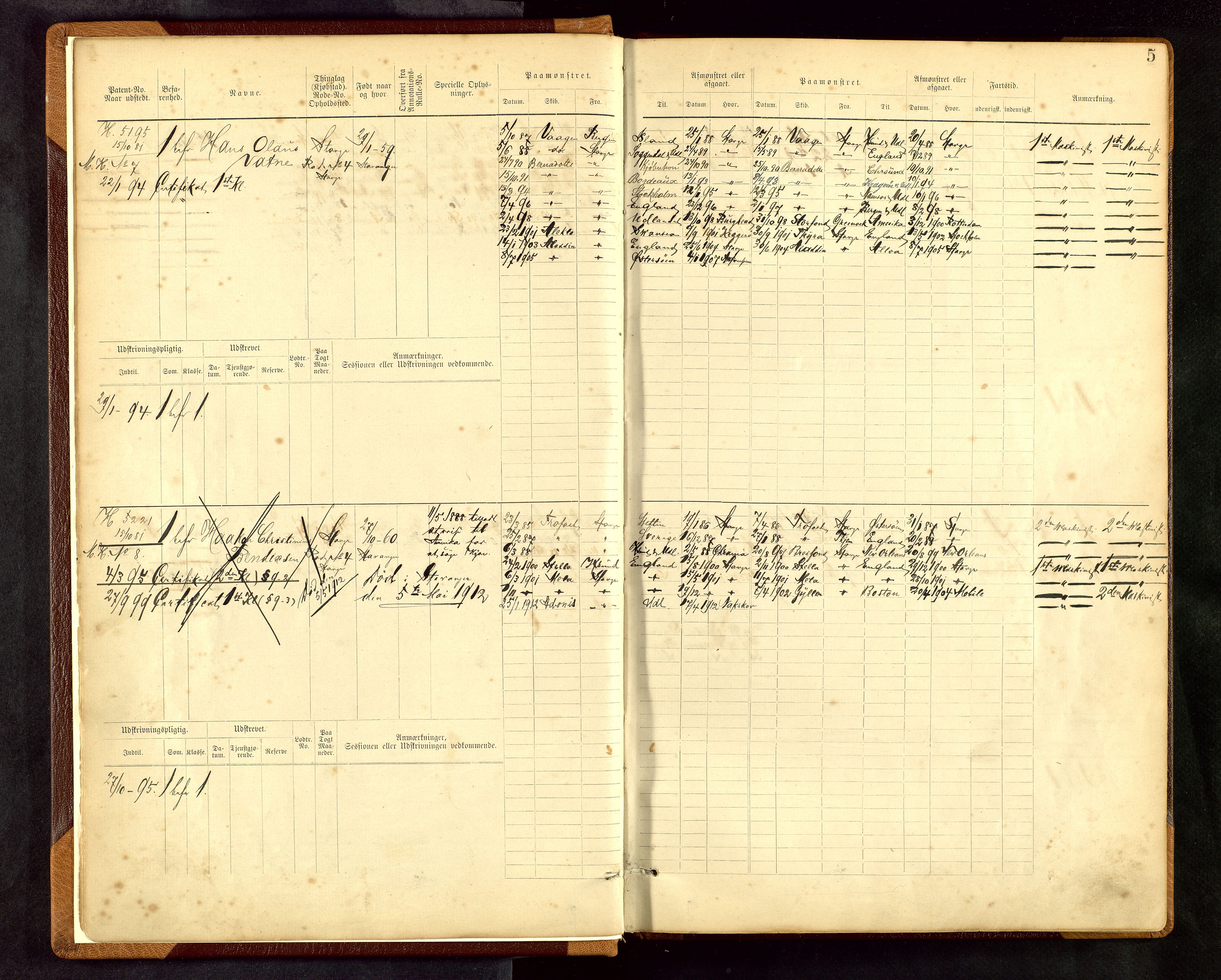 Stavanger sjømannskontor, AV/SAST-A-102006/F/Fe/L0001: Maskinist- og fyrbøterrulle, patentnr. 1-58/1-194, 1884-1894, p. 8