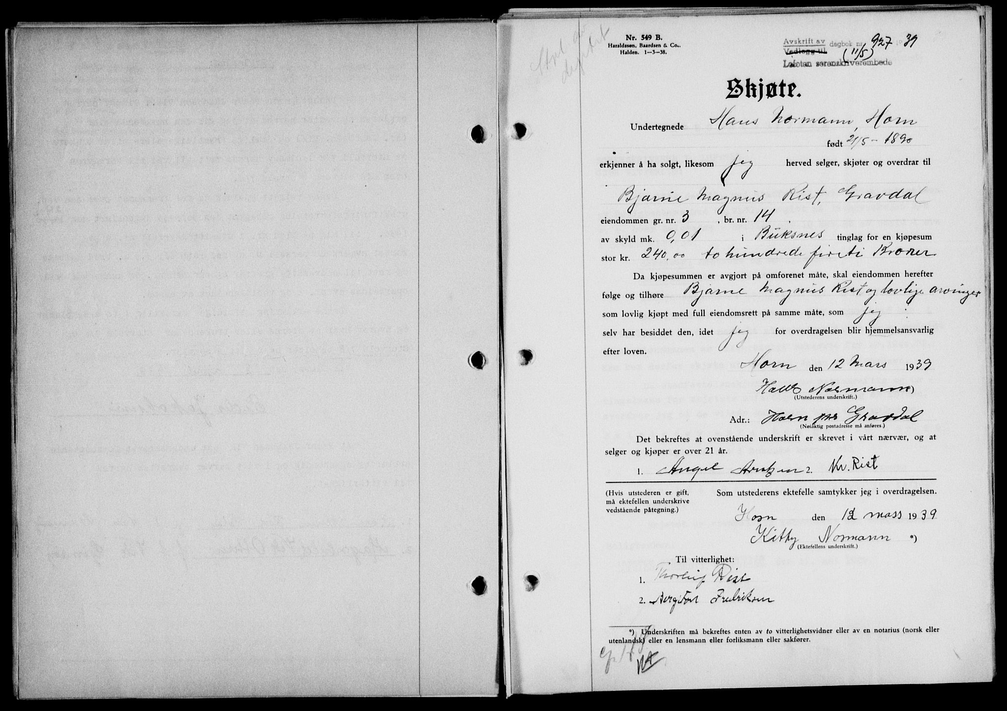 Lofoten sorenskriveri, SAT/A-0017/1/2/2C/L0005a: Mortgage book no. 5a, 1939-1939, Diary no: : 927/1939