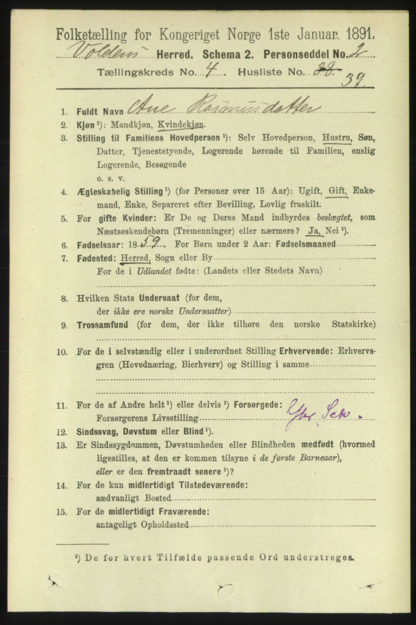 RA, 1891 census for 1519 Volda, 1891, p. 2207