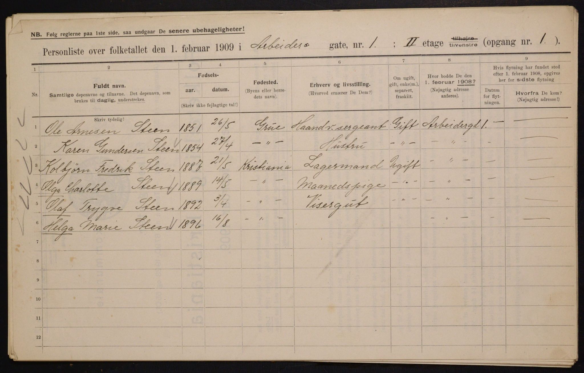 OBA, Municipal Census 1909 for Kristiania, 1909, p. 1413