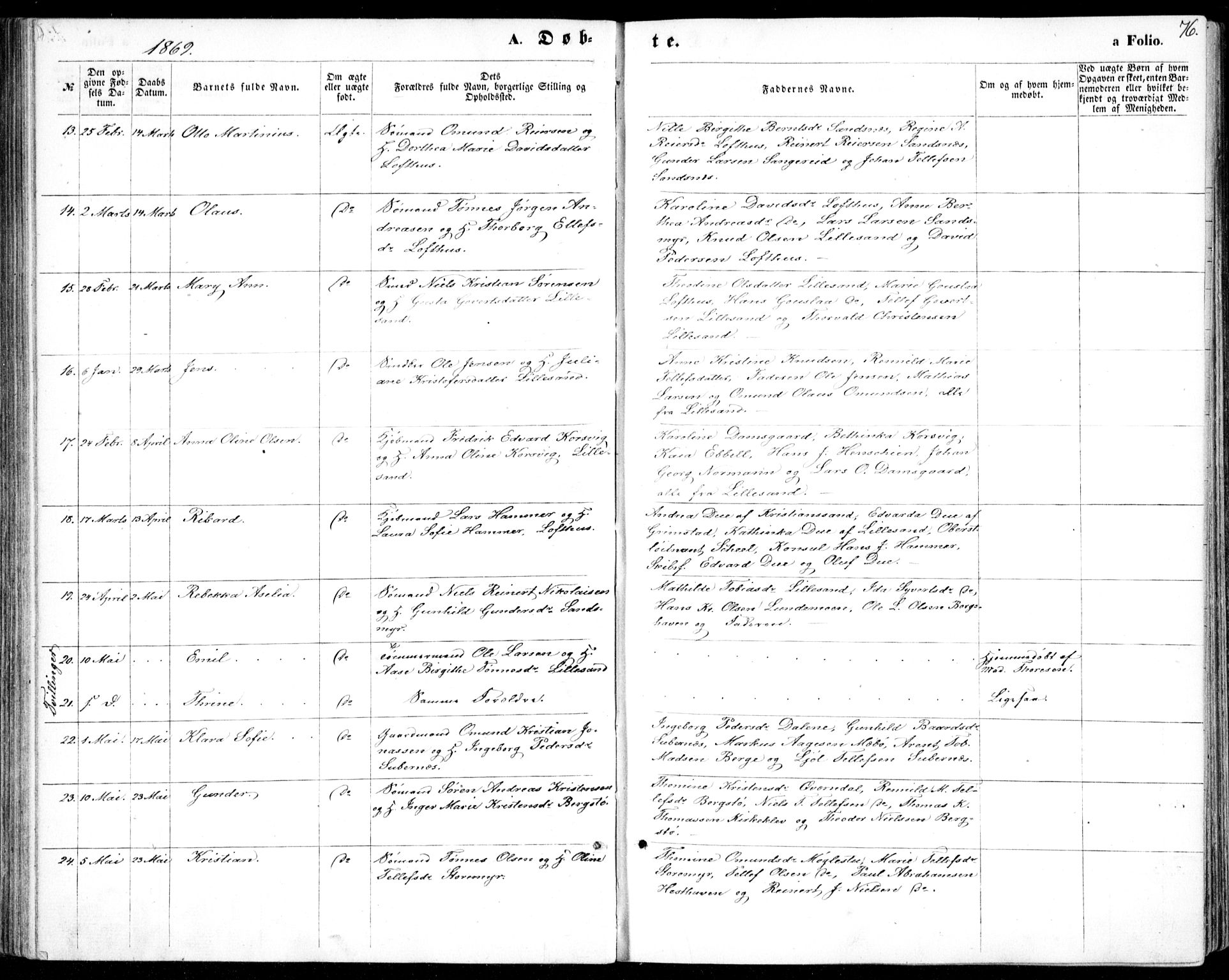 Vestre Moland sokneprestkontor, AV/SAK-1111-0046/F/Fb/Fbb/L0004: Parish register (copy) no. B 4, 1861-1872, p. 76