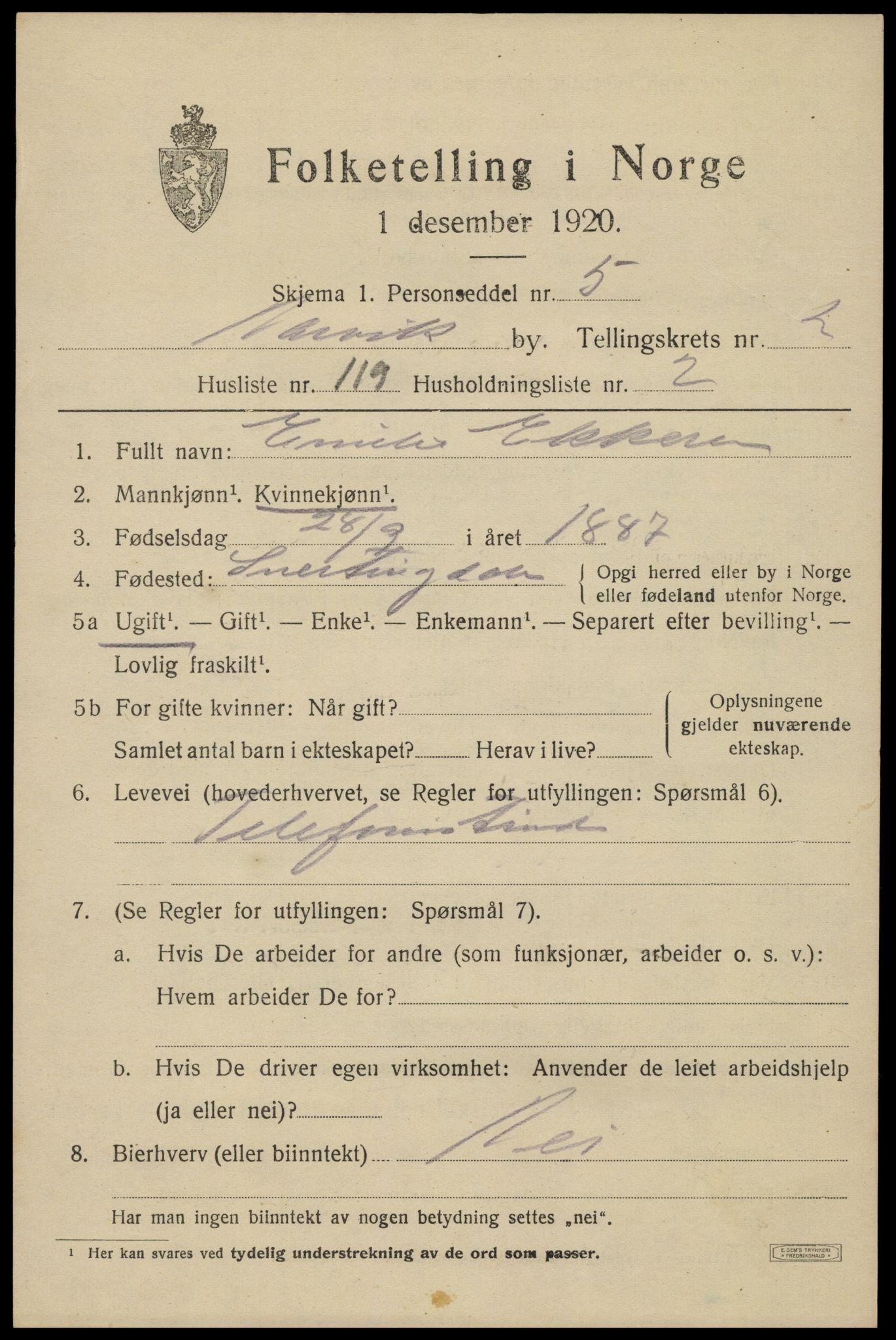 SAT, 1920 census for Narvik, 1920, p. 11742