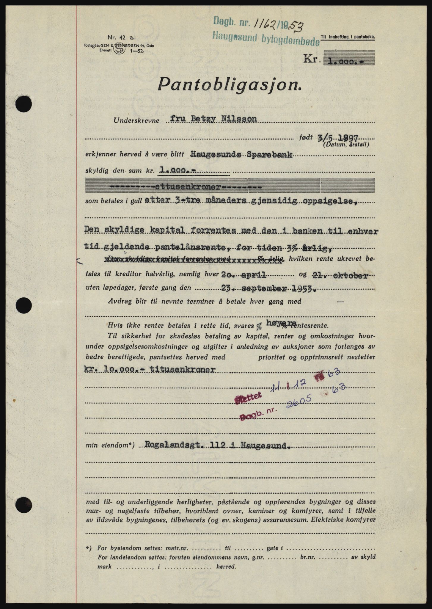 Haugesund tingrett, AV/SAST-A-101415/01/II/IIC/L0039: Mortgage book no. B 39, 1952-1953, Diary no: : 1162/1953