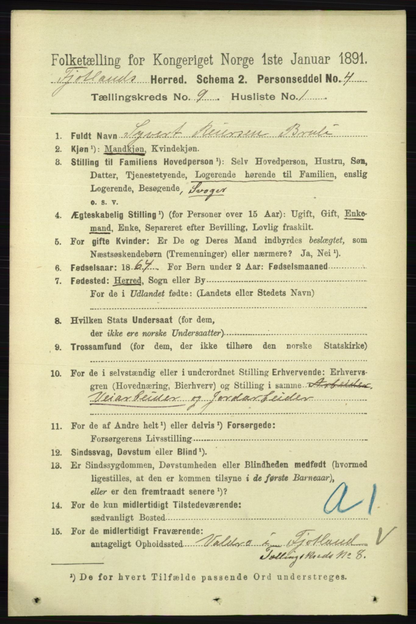 RA, 1891 census for 1036 Fjotland, 1891, p. 1305