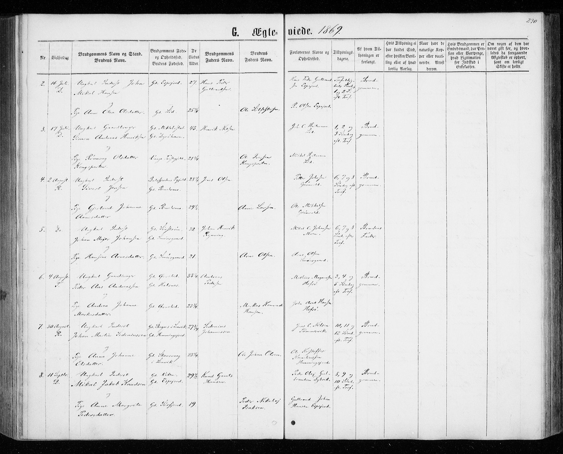 Tranøy sokneprestkontor, SATØ/S-1313/I/Ia/Iaa/L0008kirke: Parish register (official) no. 8, 1867-1877, p. 230