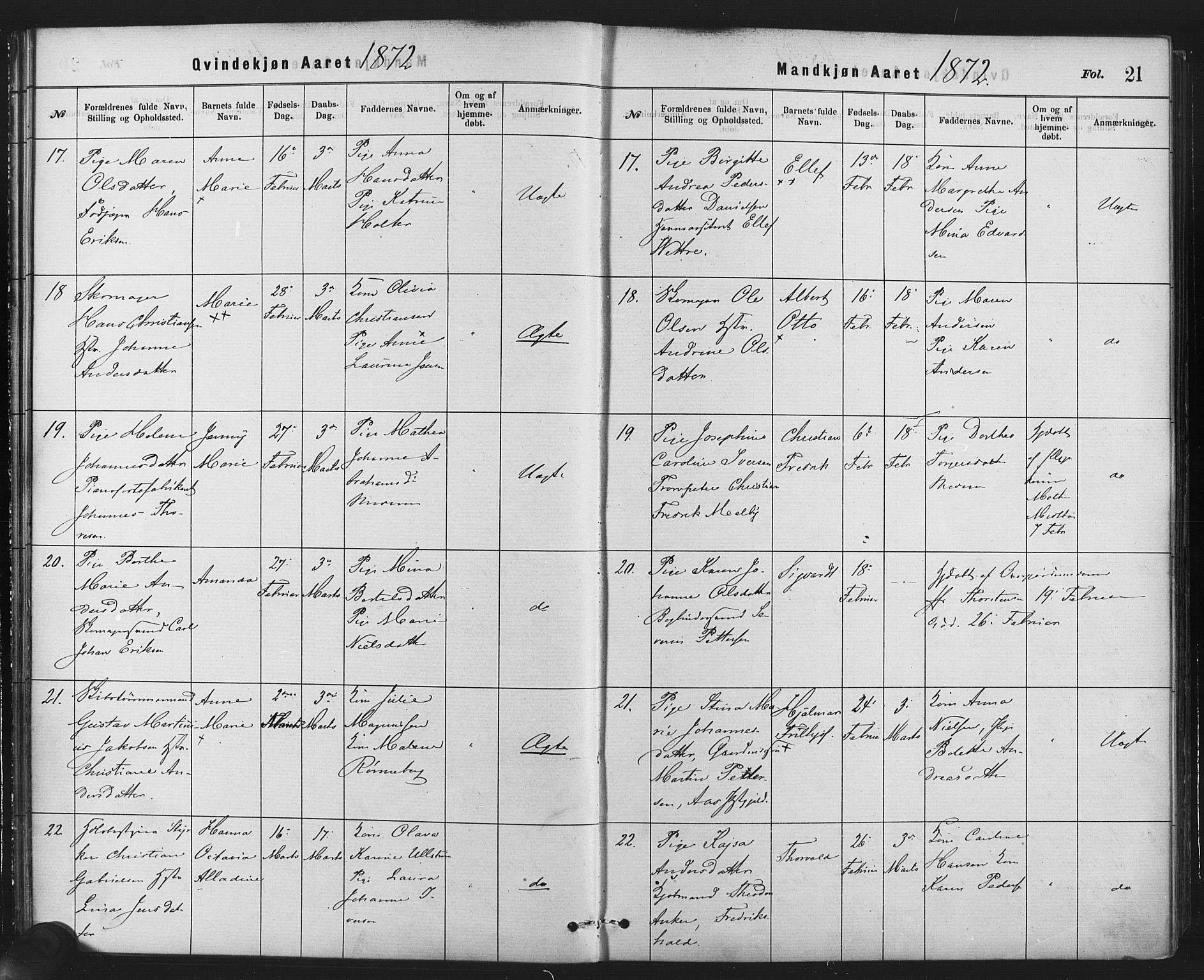 Rikshospitalet prestekontor Kirkebøker, AV/SAO-A-10309b/F/L0006: Parish register (official) no. 6, 1871-1885, p. 21