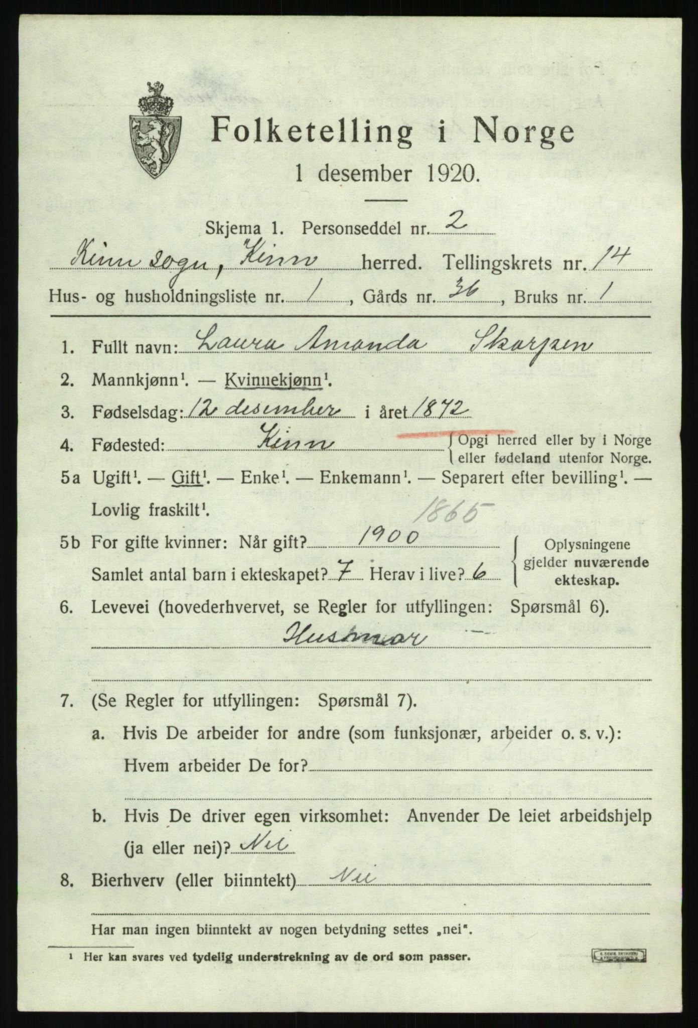SAB, 1920 census for Kinn, 1920, p. 5119