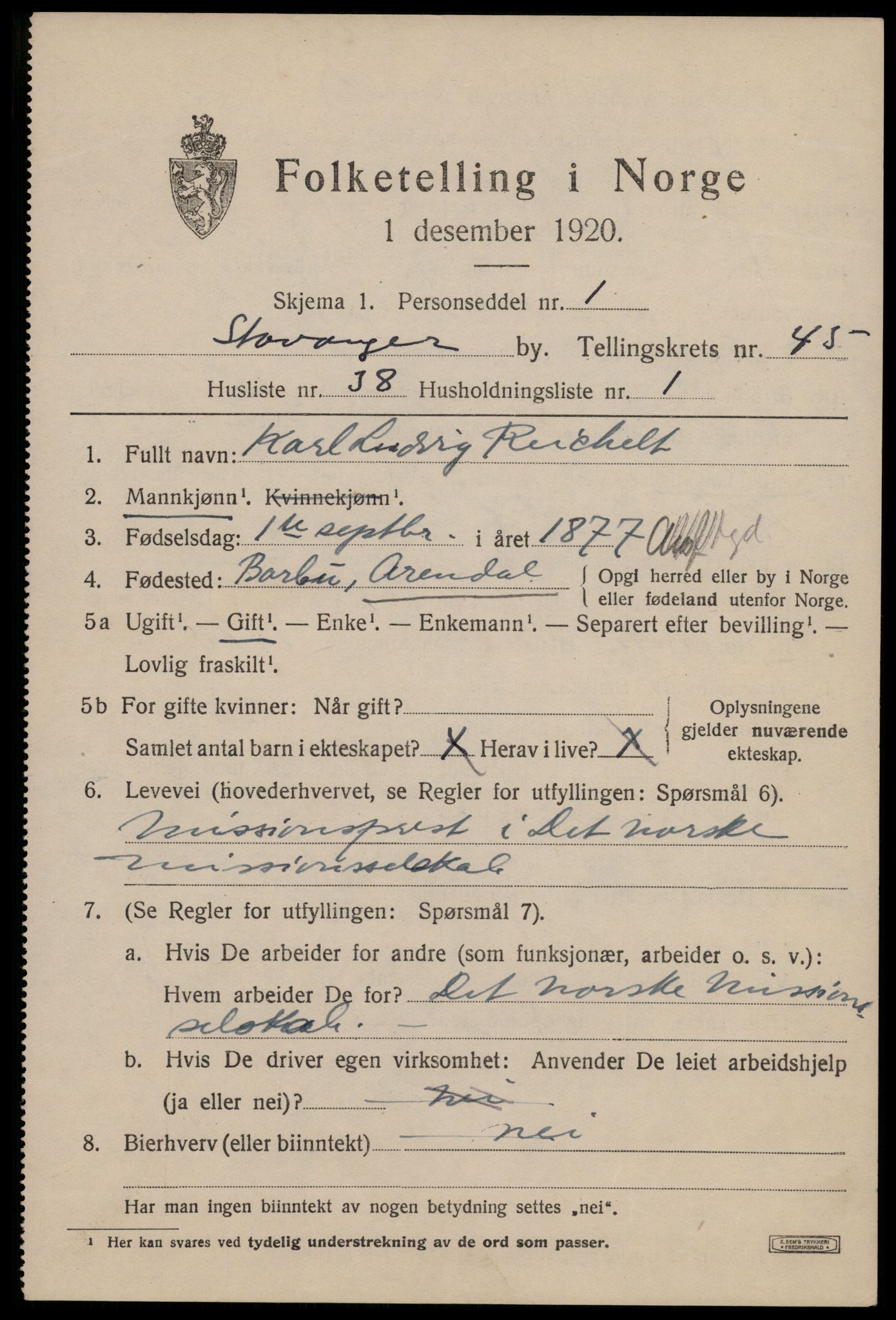 SAST, 1920 census for Stavanger, 1920, p. 110886