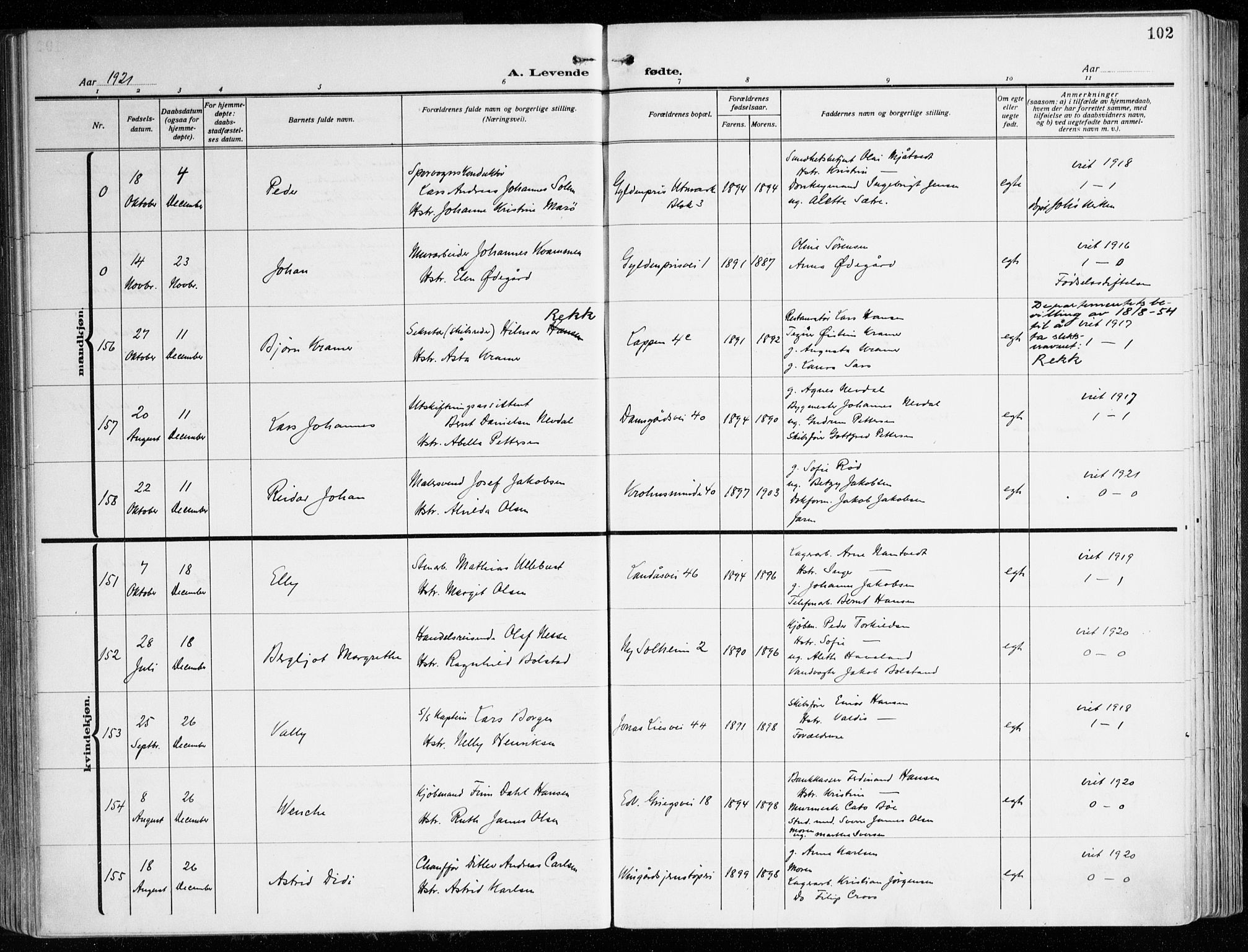 Årstad Sokneprestembete, AV/SAB-A-79301/H/Haa/L0004: Parish register (official) no. A 4, 1919-1928, p. 102