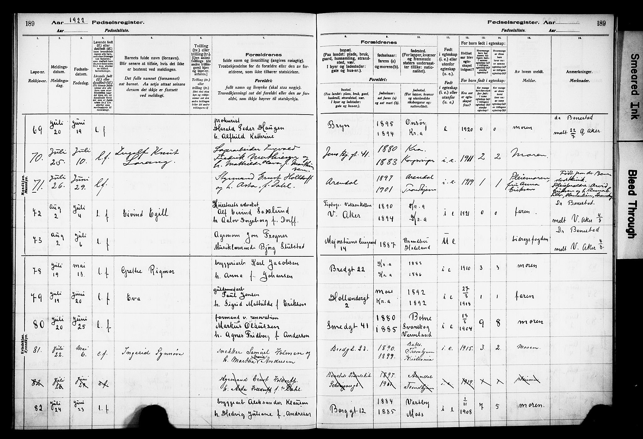 Grønland prestekontor Kirkebøker, SAO/A-10848/J/Ja/L0001: Birth register no. 1, 1916-1922, p. 189
