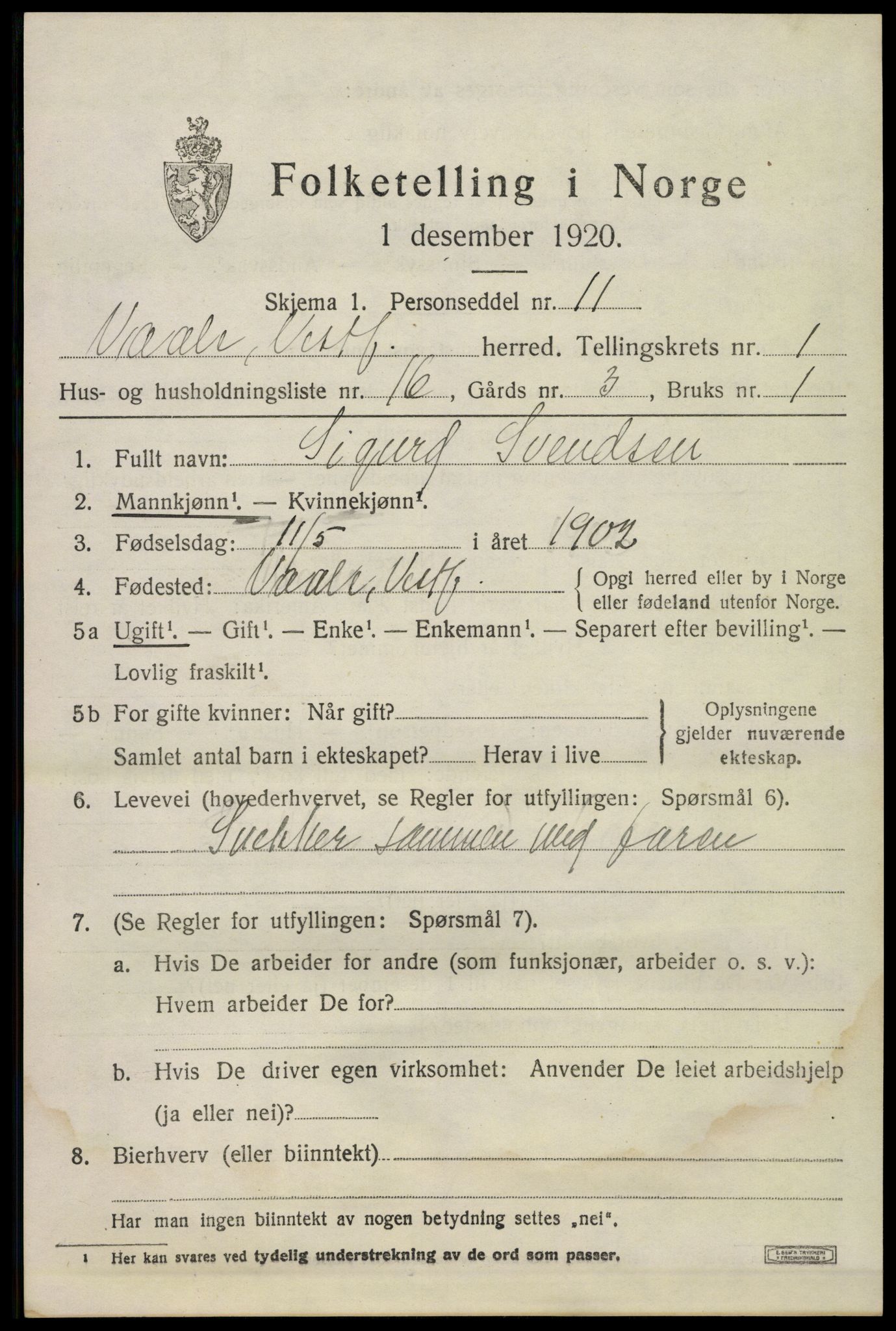 SAKO, 1920 census for Våle, 1920, p. 1254