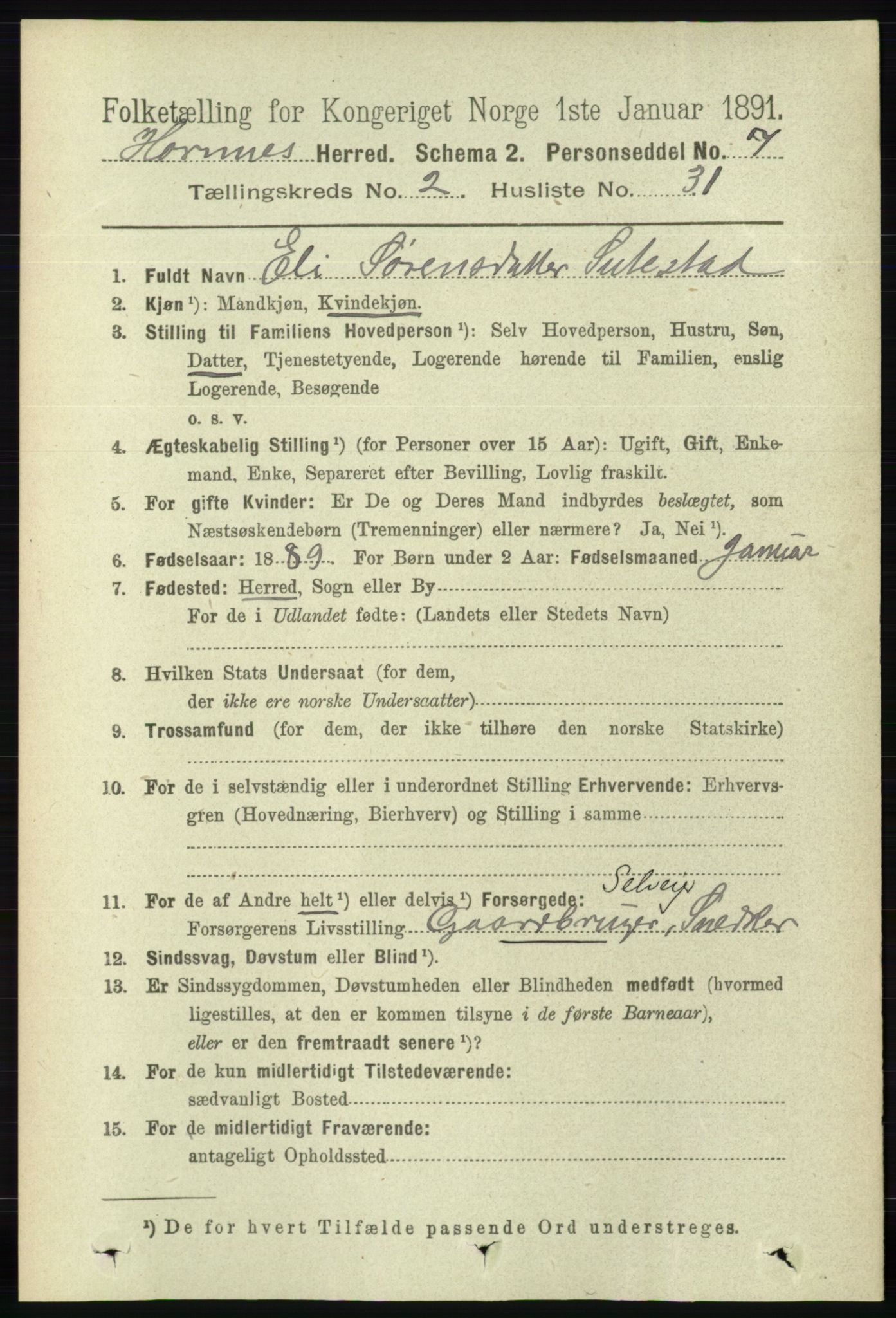 RA, 1891 census for 0936 Hornnes, 1891, p. 402