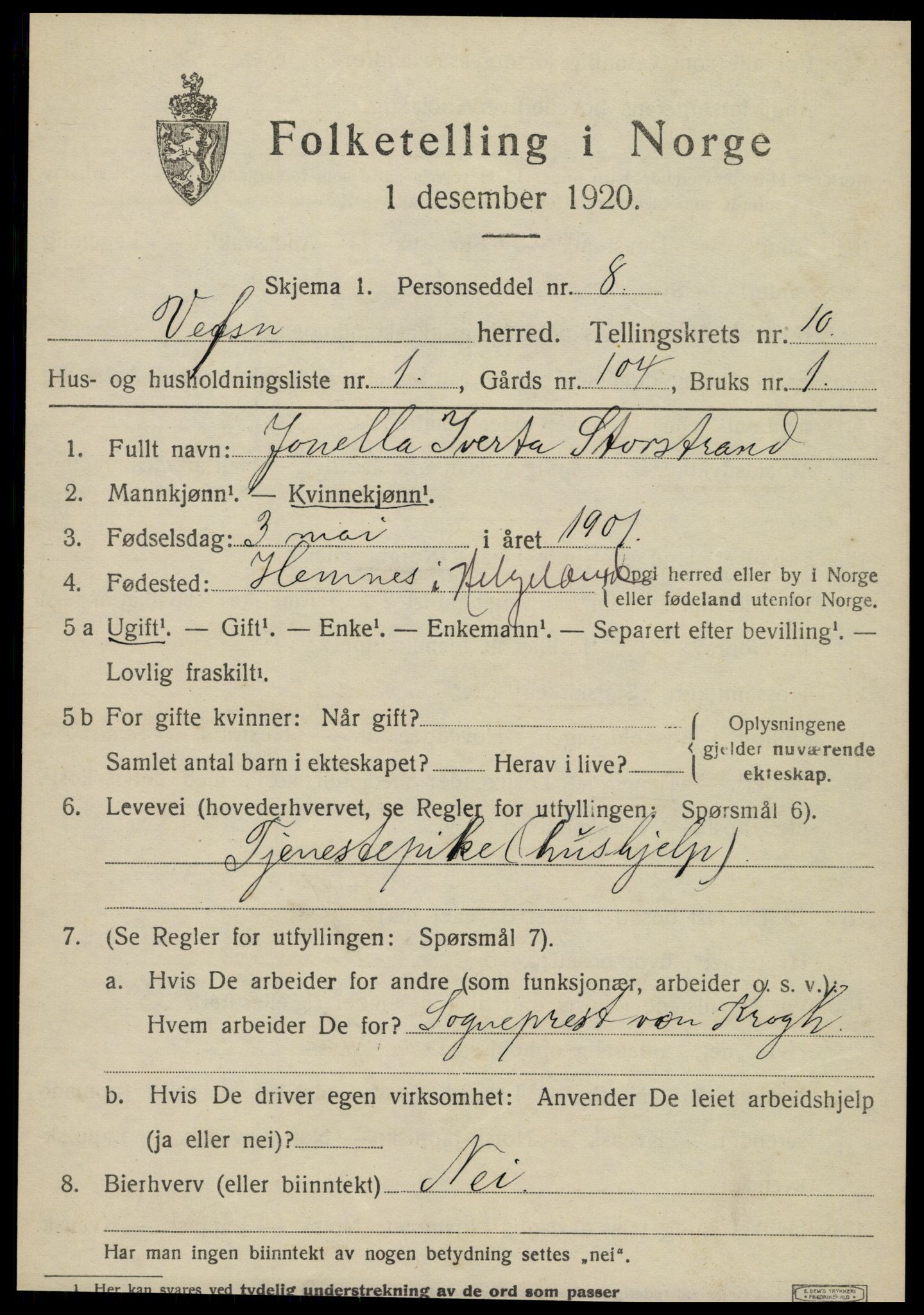 SAT, 1920 census for Vefsn, 1920, p. 6909