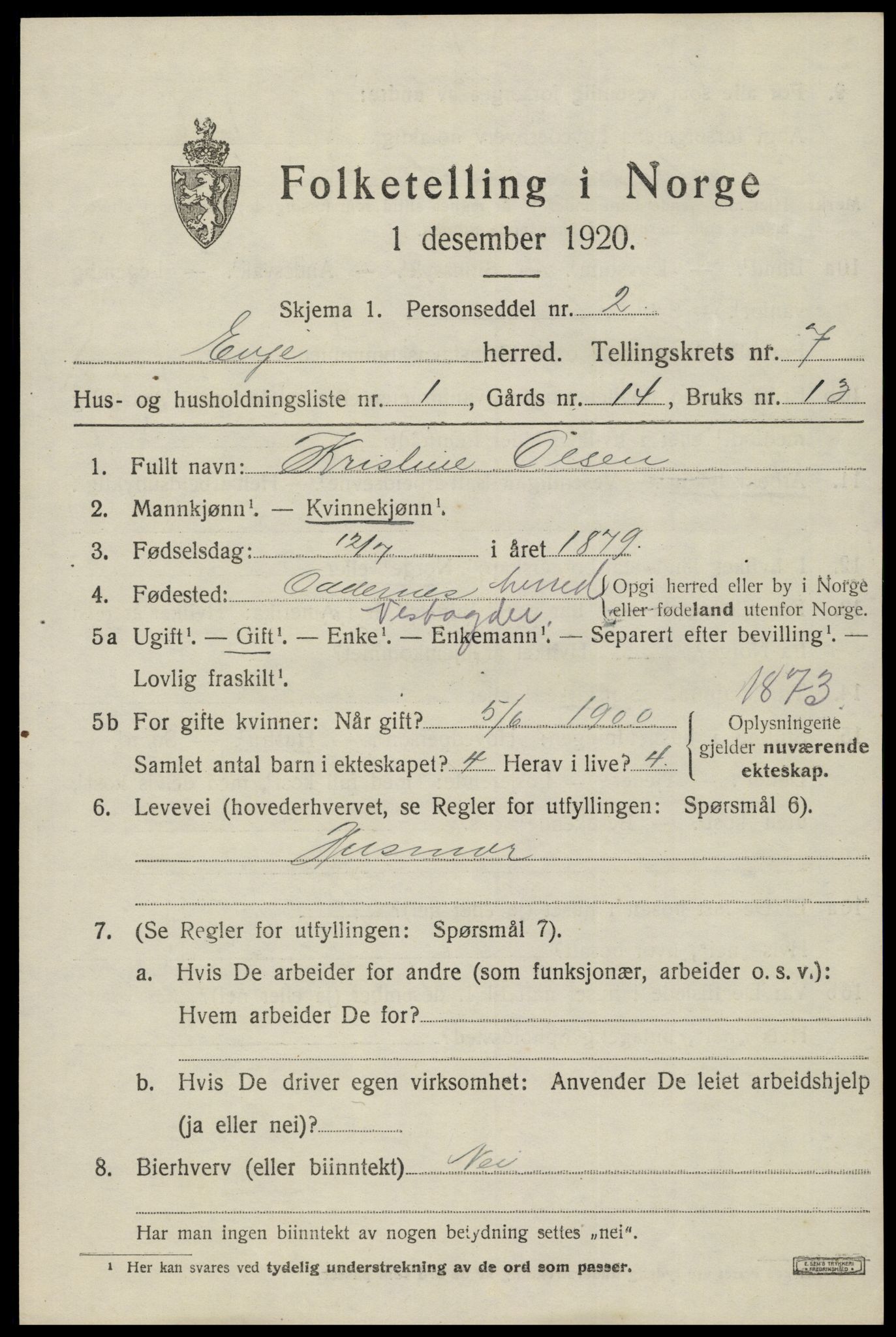 SAK, 1920 census for Evje, 1920, p. 2242