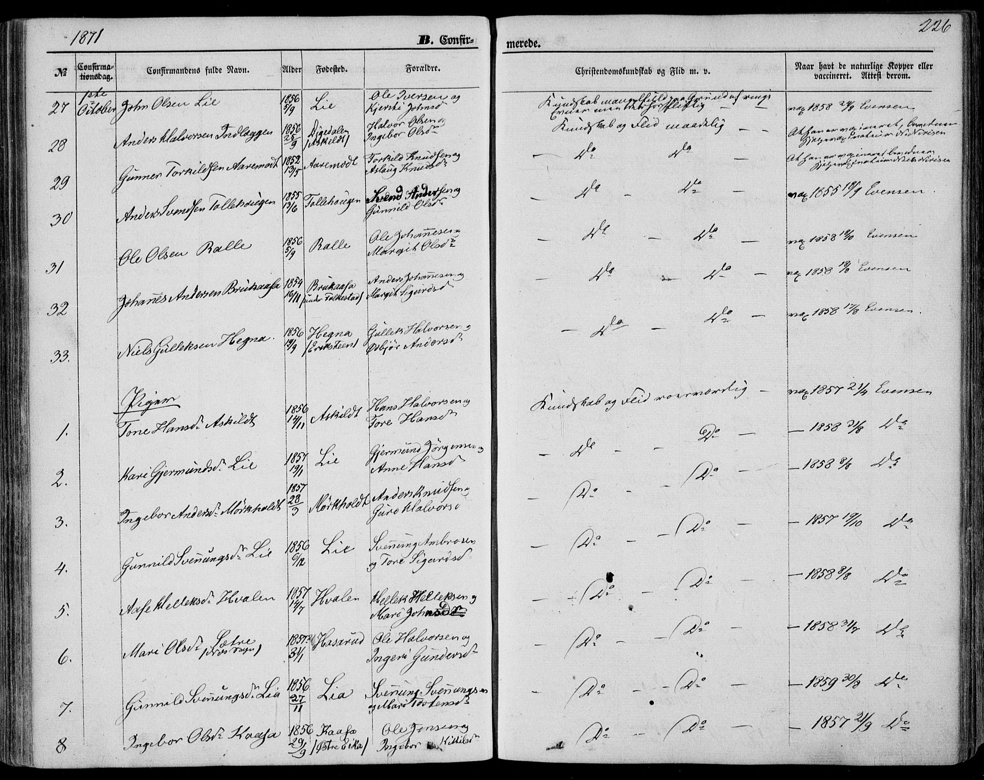 Bø kirkebøker, SAKO/A-257/F/Fa/L0009: Parish register (official) no. 9, 1862-1879, p. 226