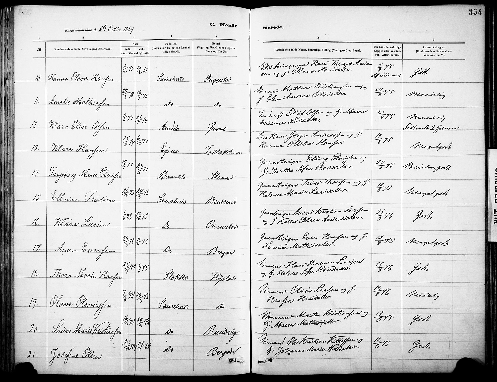 Sandar kirkebøker, AV/SAKO-A-243/F/Fa/L0012: Parish register (official) no. 12, 1883-1895, p. 354