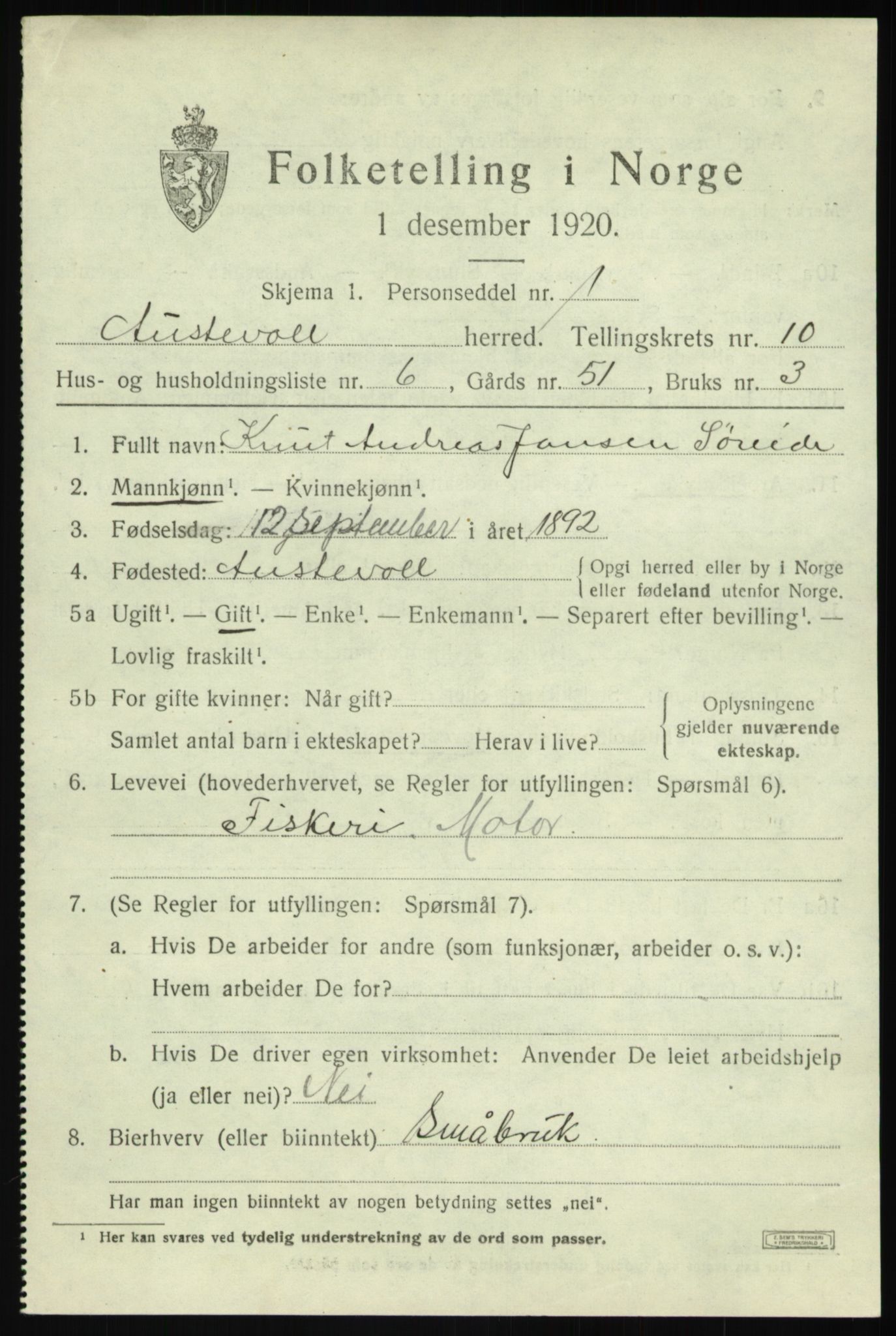 SAB, 1920 census for Austevoll, 1920, p. 5642