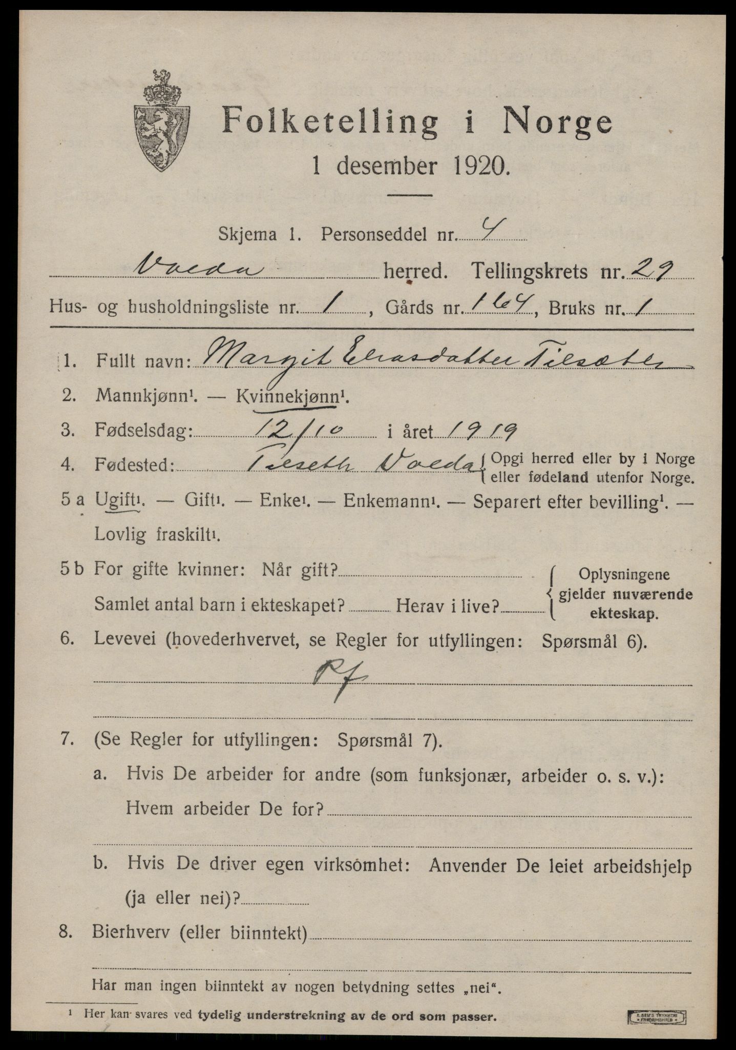 SAT, 1920 census for Volda, 1920, p. 13266