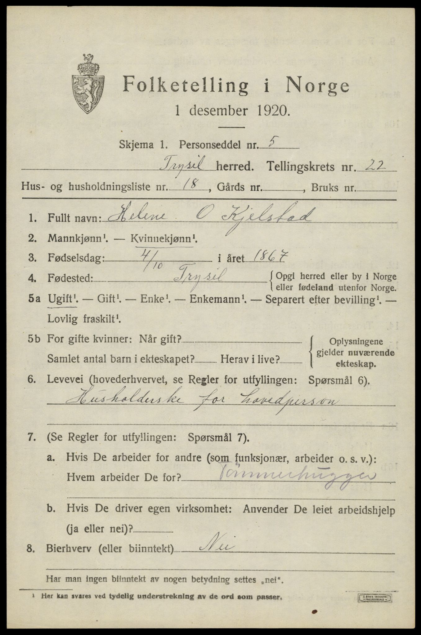 SAH, 1920 census for Trysil, 1920, p. 14821