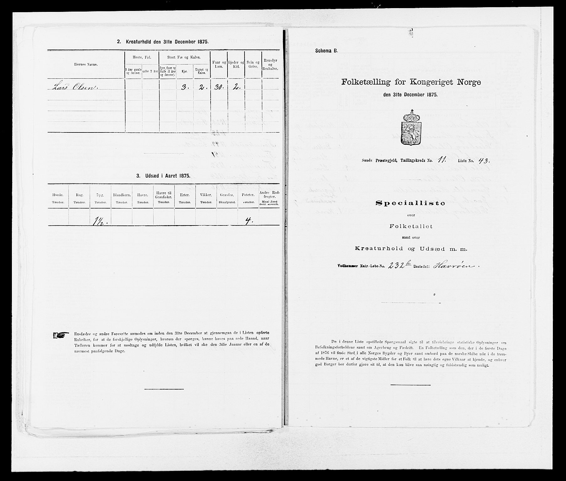 SAB, 1875 census for 1245P Sund, 1875, p. 1312