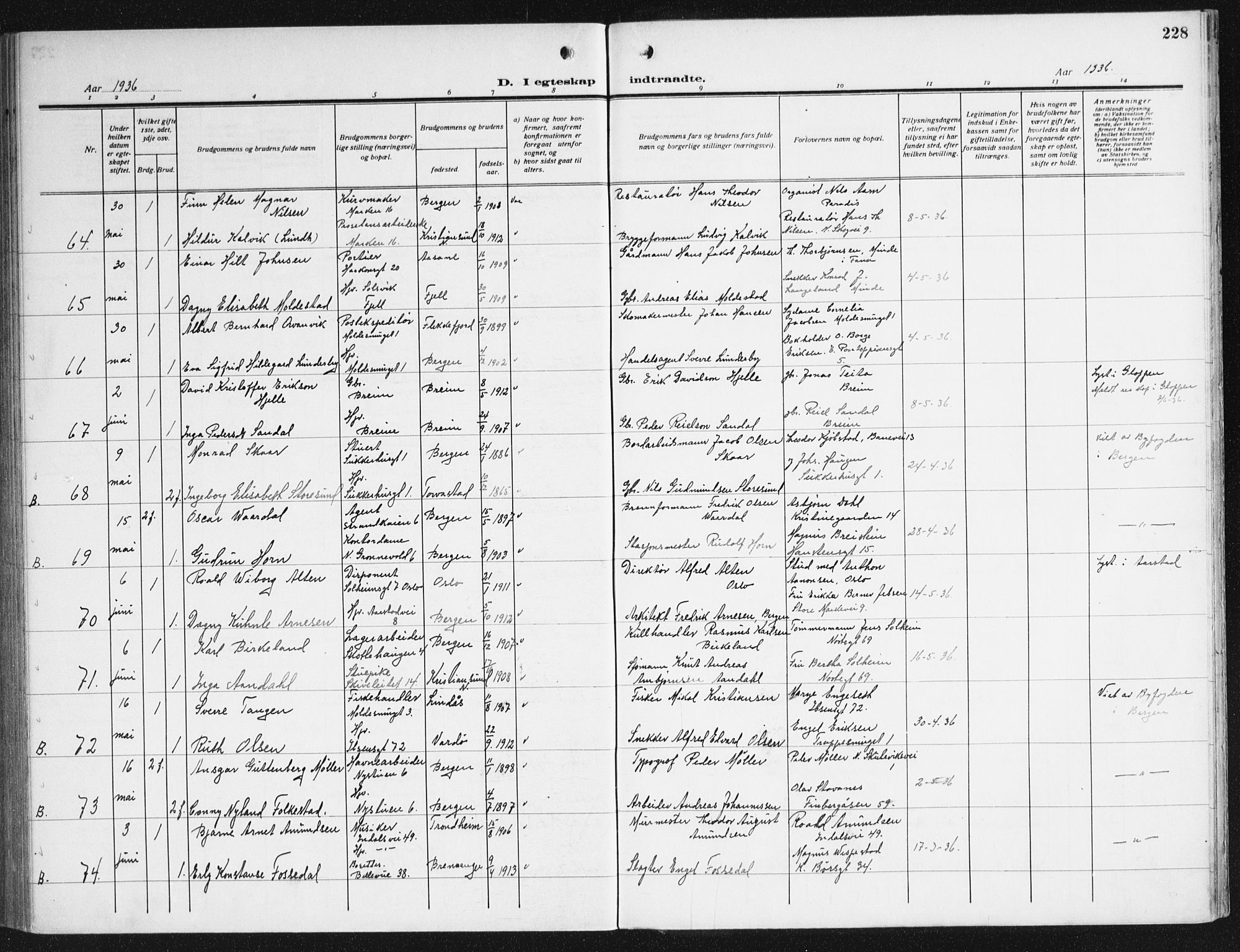 Domkirken sokneprestembete, SAB/A-74801/H/Haa/L0039: Parish register (official) no. D 6, 1921-1937, p. 228