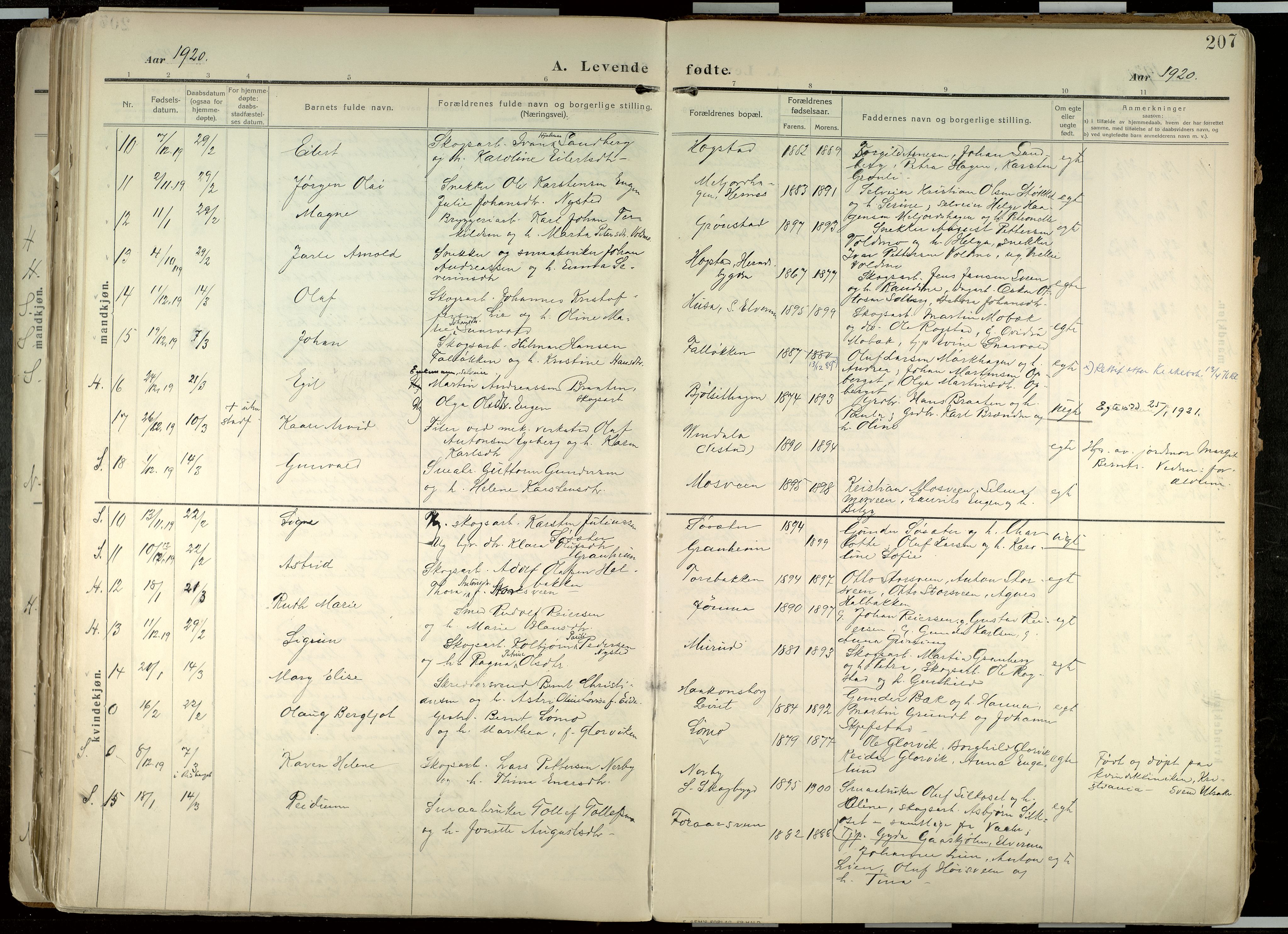 Elverum prestekontor, AV/SAH-PREST-044/H/Ha/Haa/L0020: Parish register (official) no. 20, 1909-1921, p. 207