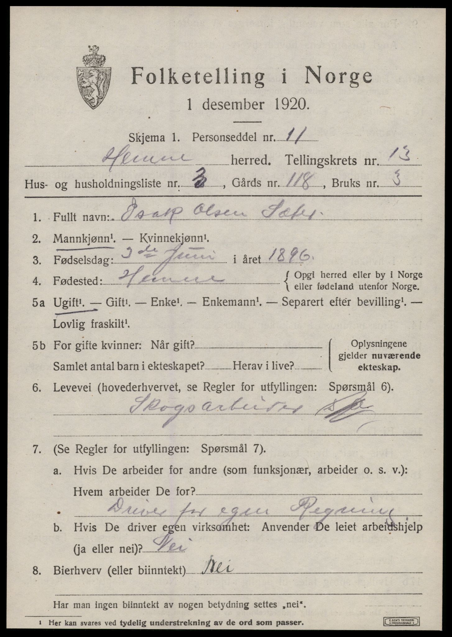 SAT, 1920 census for Hemne, 1920, p. 7324