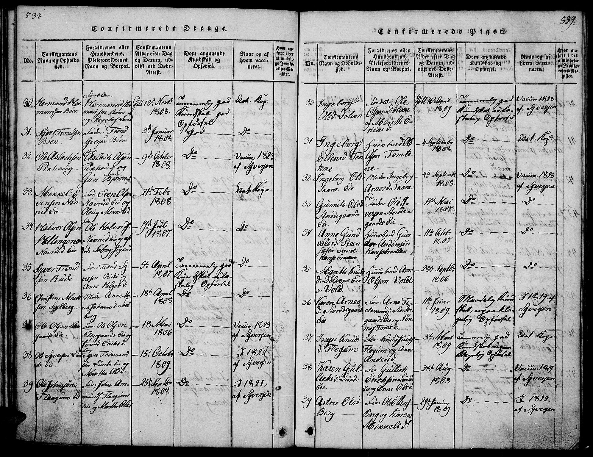 Sør-Aurdal prestekontor, SAH/PREST-128/H/Ha/Hab/L0001: Parish register (copy) no. 1, 1815-1826, p. 538-539