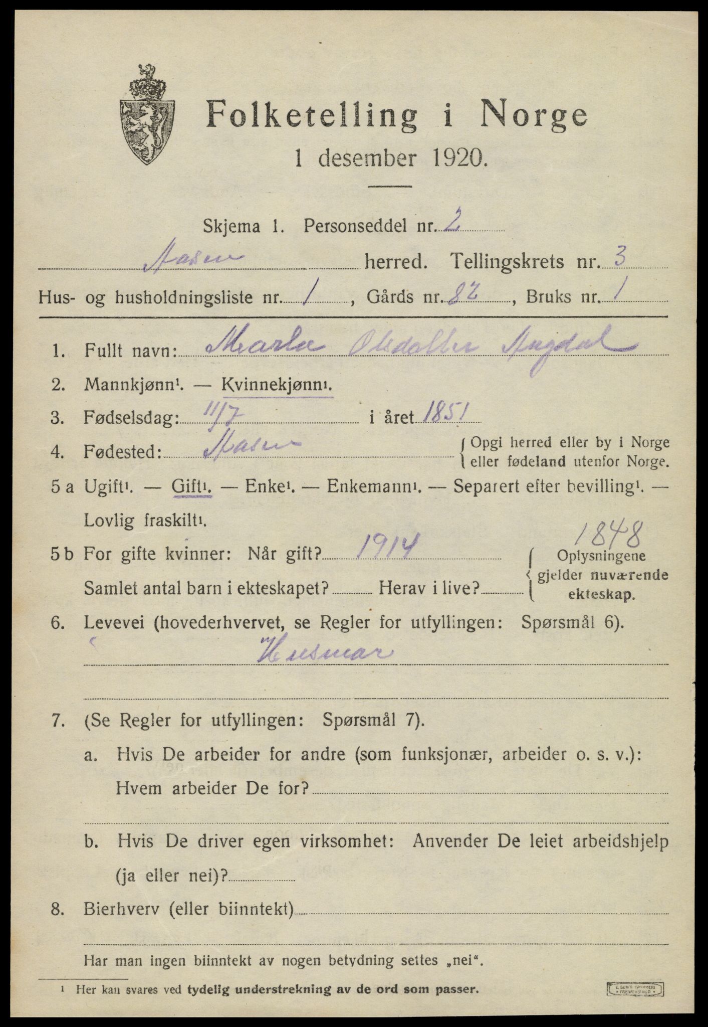 SAT, 1920 census for Åsen, 1920, p. 2064