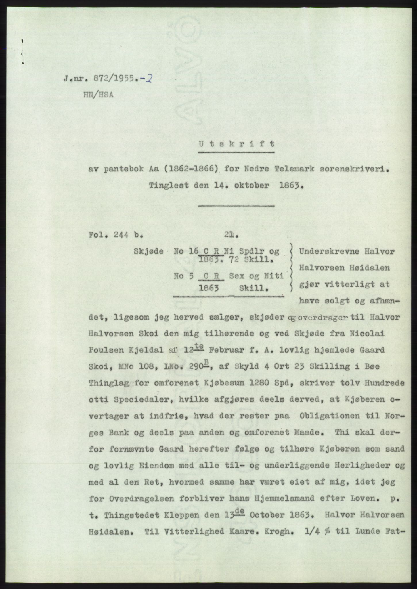 Statsarkivet i Kongsberg, AV/SAKO-A-0001/E/Ee/L0004: Avskrifter, SAO jnr. 802/1955 - 1192/1955, 1955, p. 65