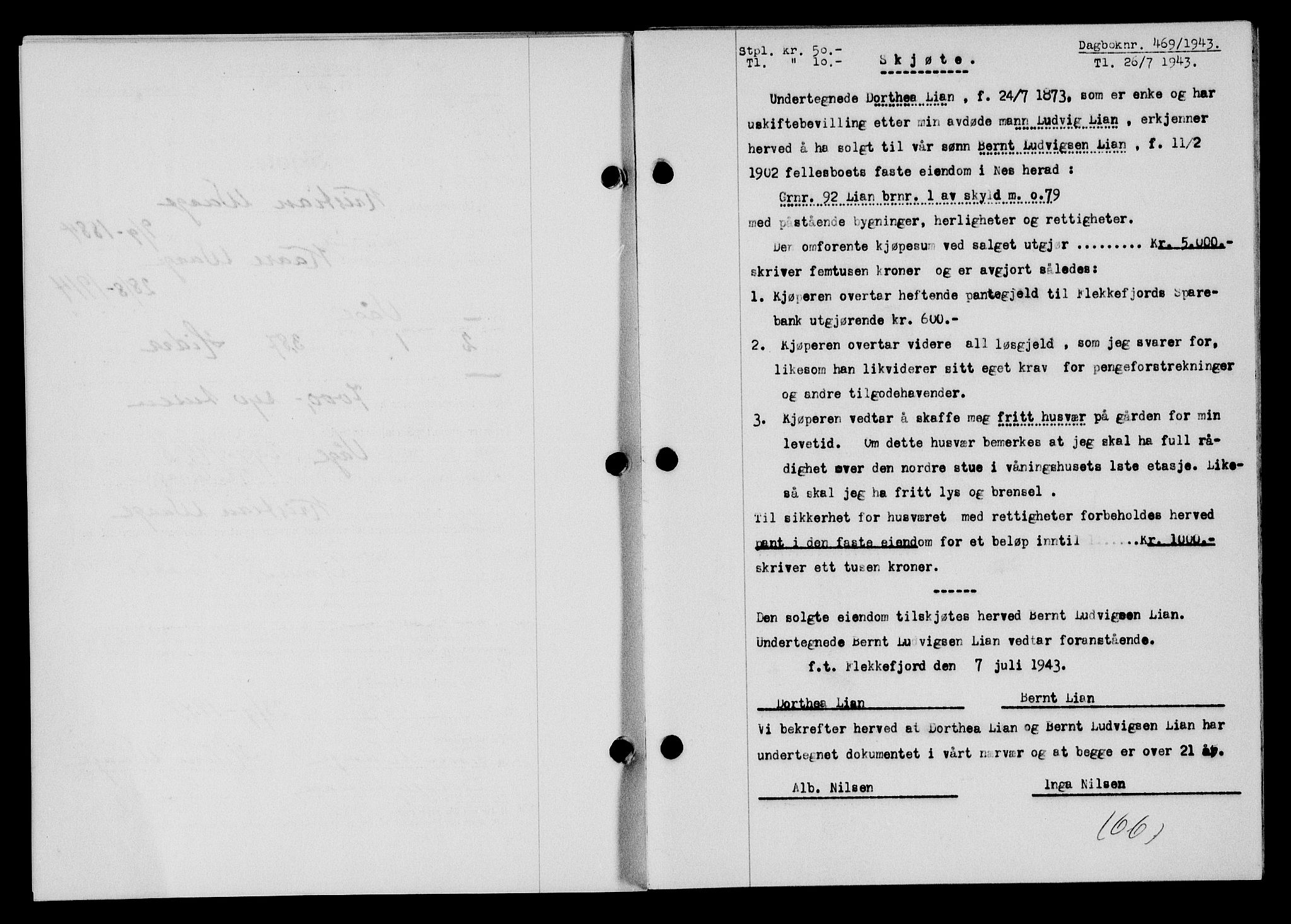 Flekkefjord sorenskriveri, SAK/1221-0001/G/Gb/Gba/L0058: Mortgage book no. A-6, 1942-1944, Diary no: : 469/1943