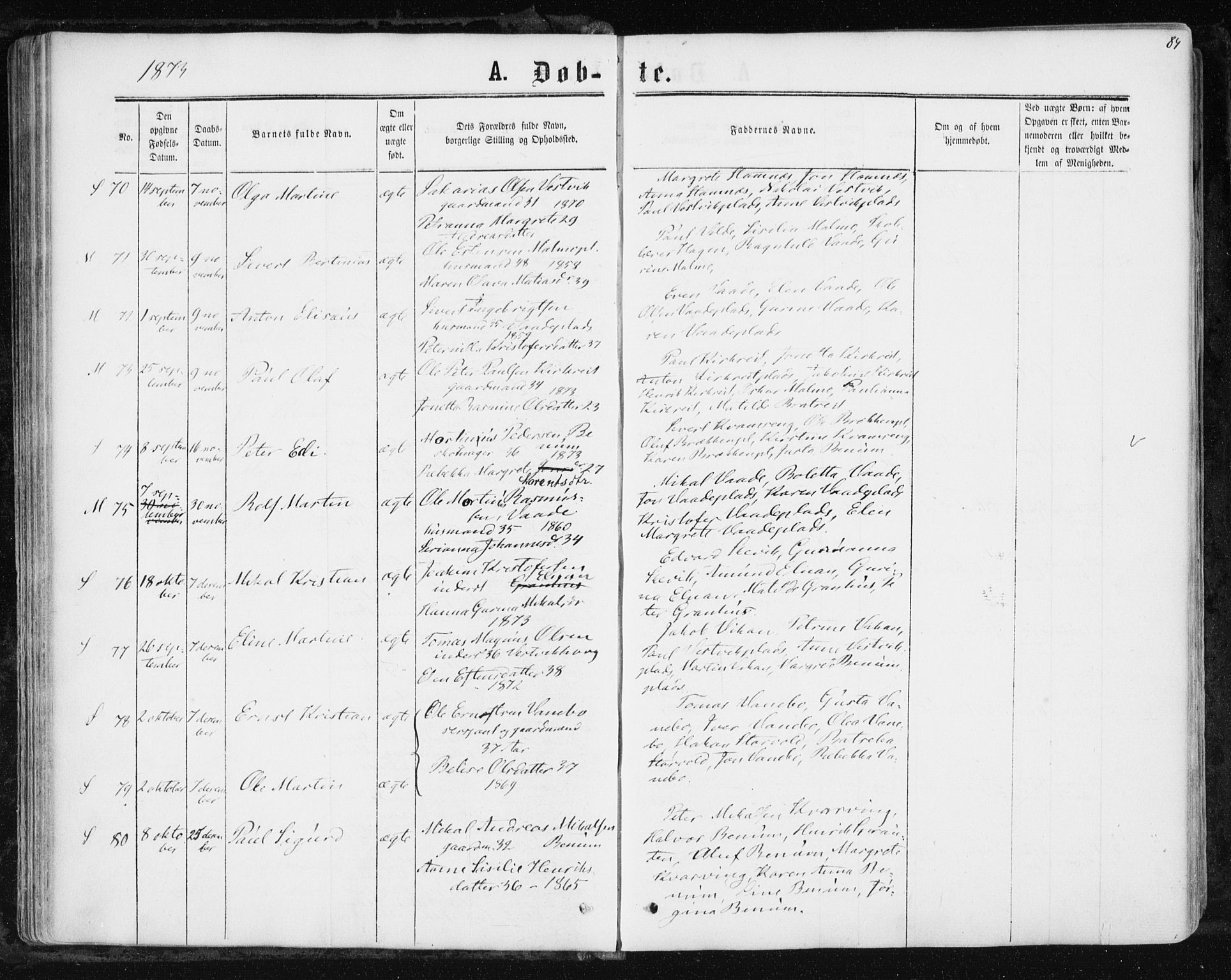 Ministerialprotokoller, klokkerbøker og fødselsregistre - Nord-Trøndelag, AV/SAT-A-1458/741/L0394: Parish register (official) no. 741A08, 1864-1877, p. 84