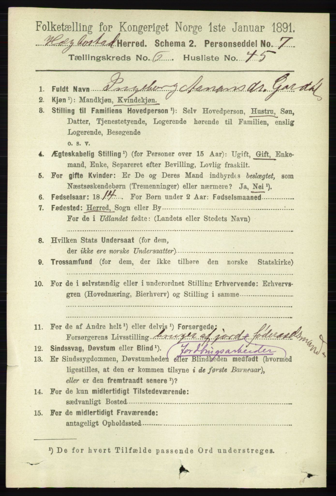 RA, 1891 census for 1034 Hægebostad, 1891, p. 2045