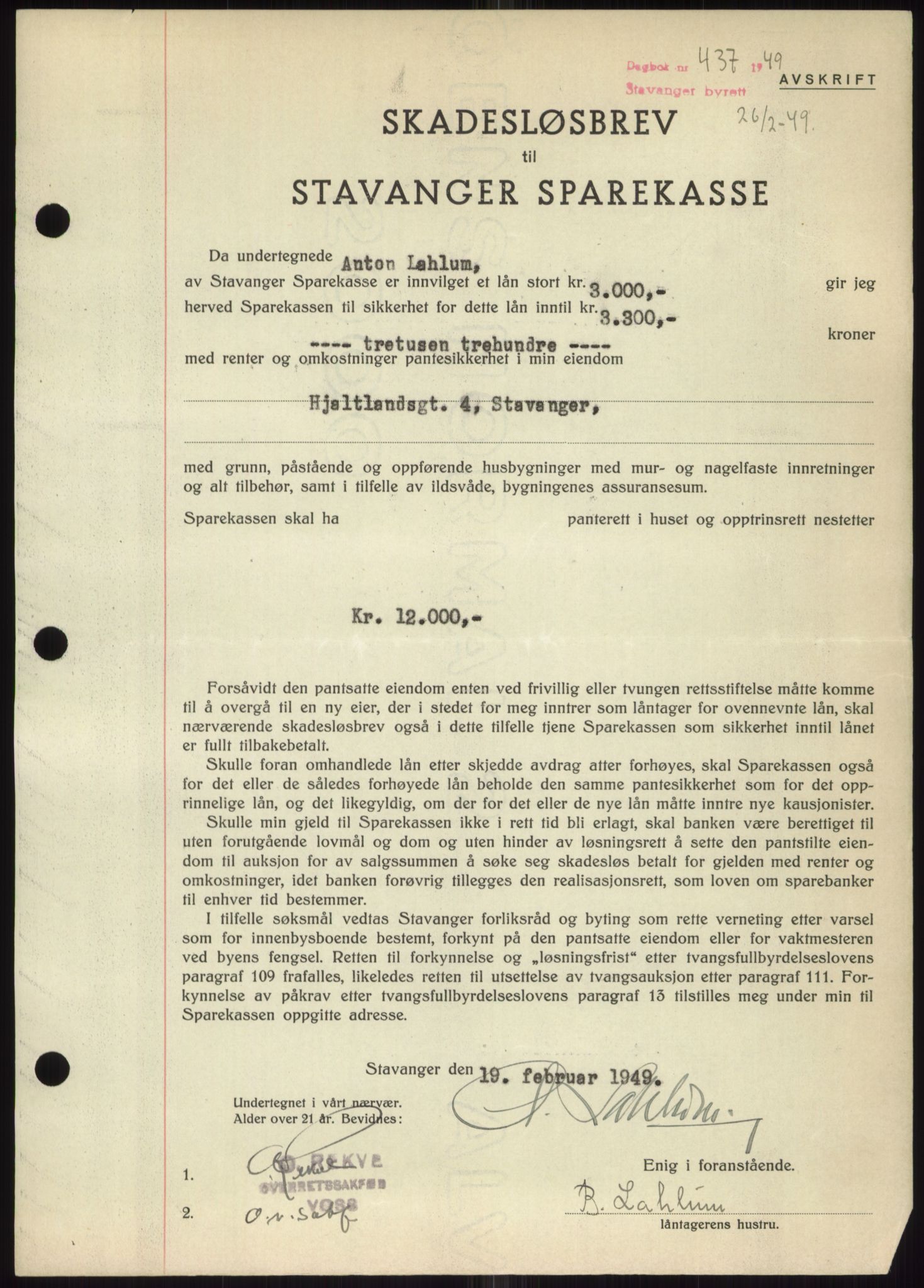 Stavanger byrett, SAST/A-100455/002/G/Gb/L0032: Mortgage book, 1947-1950, Diary no: : 437/1949