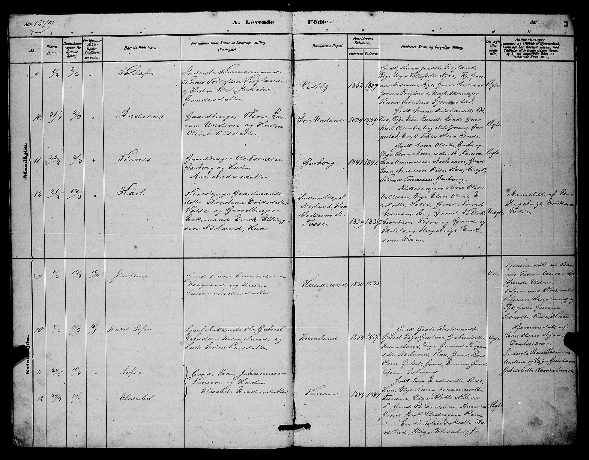 Lye sokneprestkontor, AV/SAST-A-101794/001/30BB/L0006: Parish register (copy) no. B 6, 1879-1888, p. 3