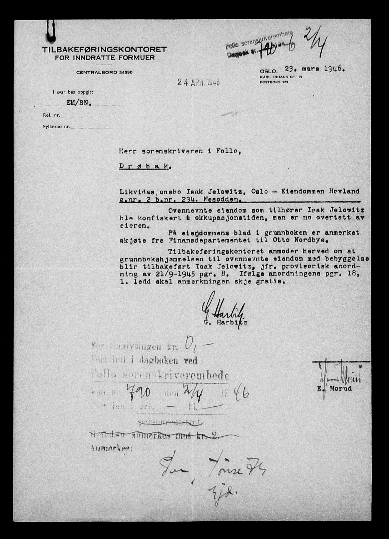 Justisdepartementet, Tilbakeføringskontoret for inndratte formuer, AV/RA-S-1564/H/Hc/Hcc/L0948: --, 1945-1947, p. 44