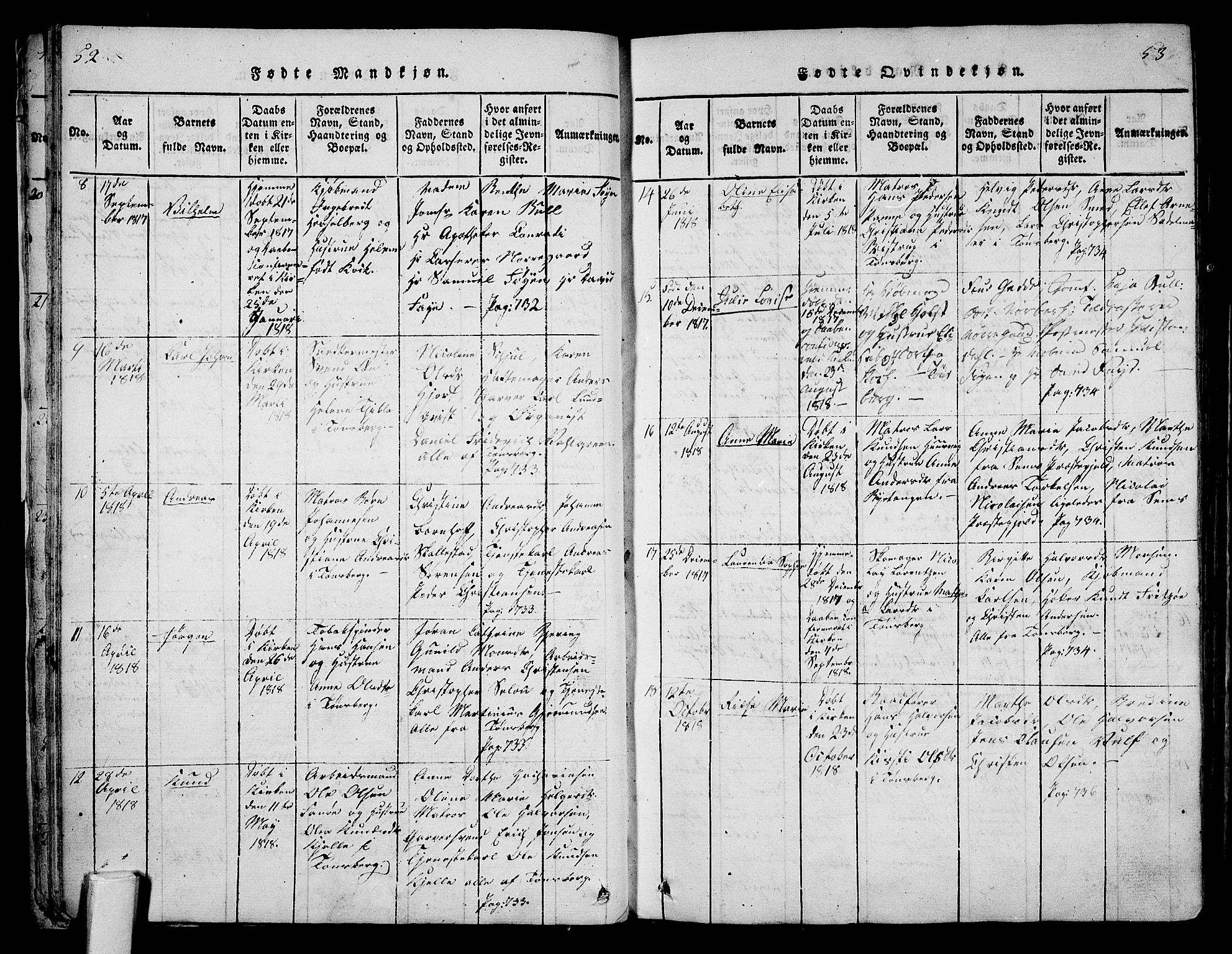 Tønsberg kirkebøker, AV/SAKO-A-330/F/Fa/L0004: Parish register (official) no. I 4, 1813-1826, p. 52-53