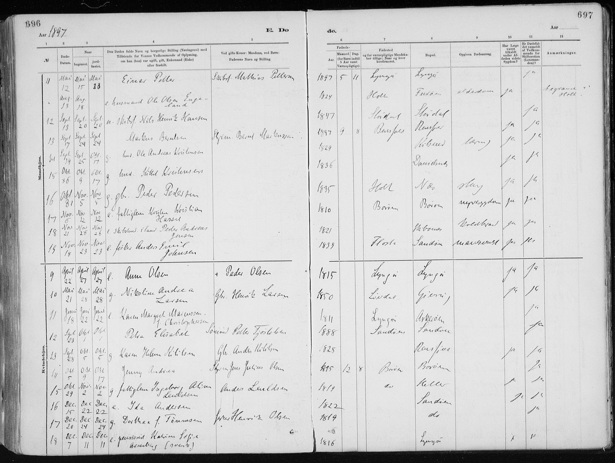 Dypvåg sokneprestkontor, AV/SAK-1111-0007/F/Fa/Faa/L0008: Parish register (official) no. A 8, 1885-1906, p. 696-697