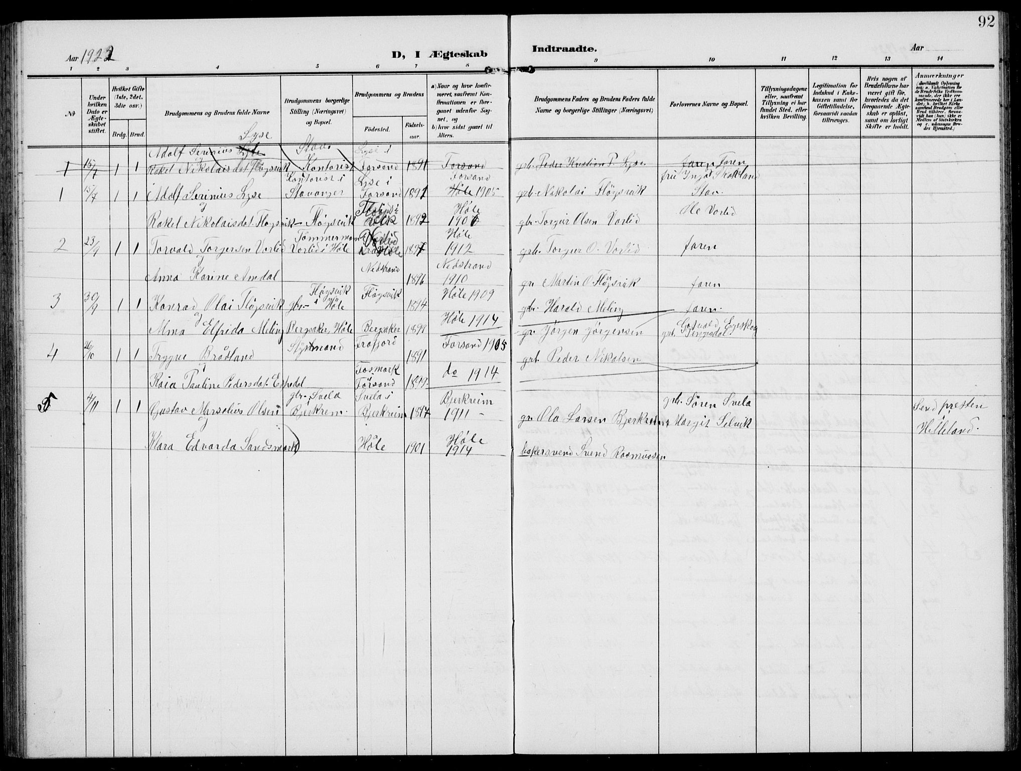 Høgsfjord sokneprestkontor, AV/SAST-A-101624/H/Ha/Hab/L0004: Parish register (copy) no. B 4, 1906-1938, p. 92