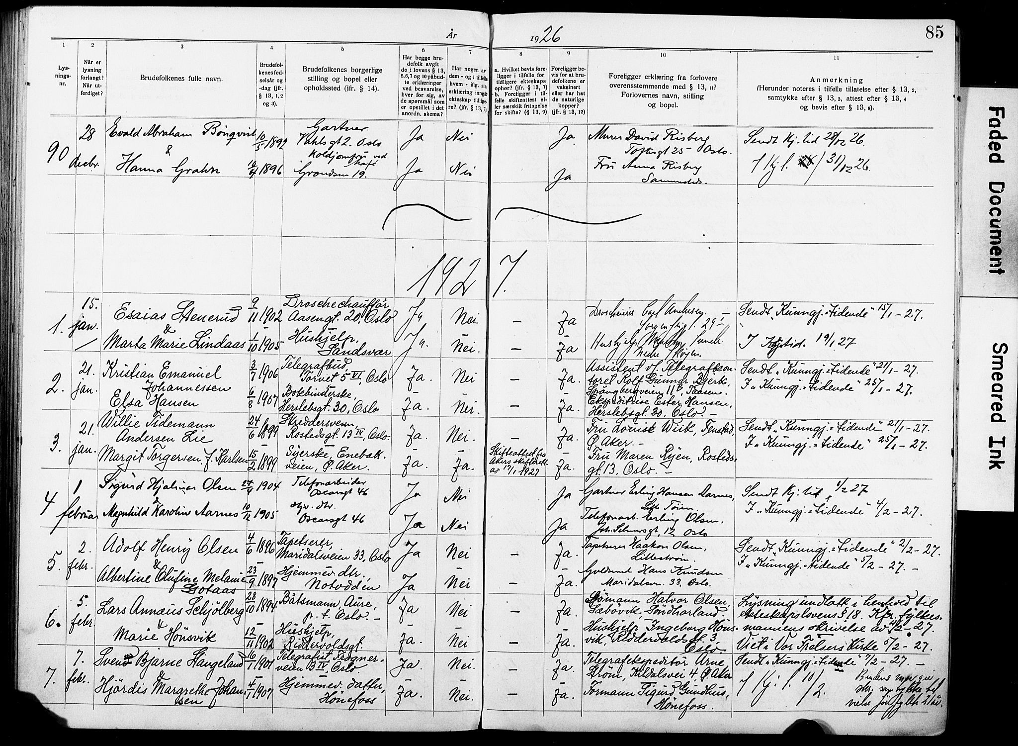 Oslo domkirke Kirkebøker, SAO/A-10752/H/Ha/L0006: Banns register no. 6, 1919-1928, p. 85
