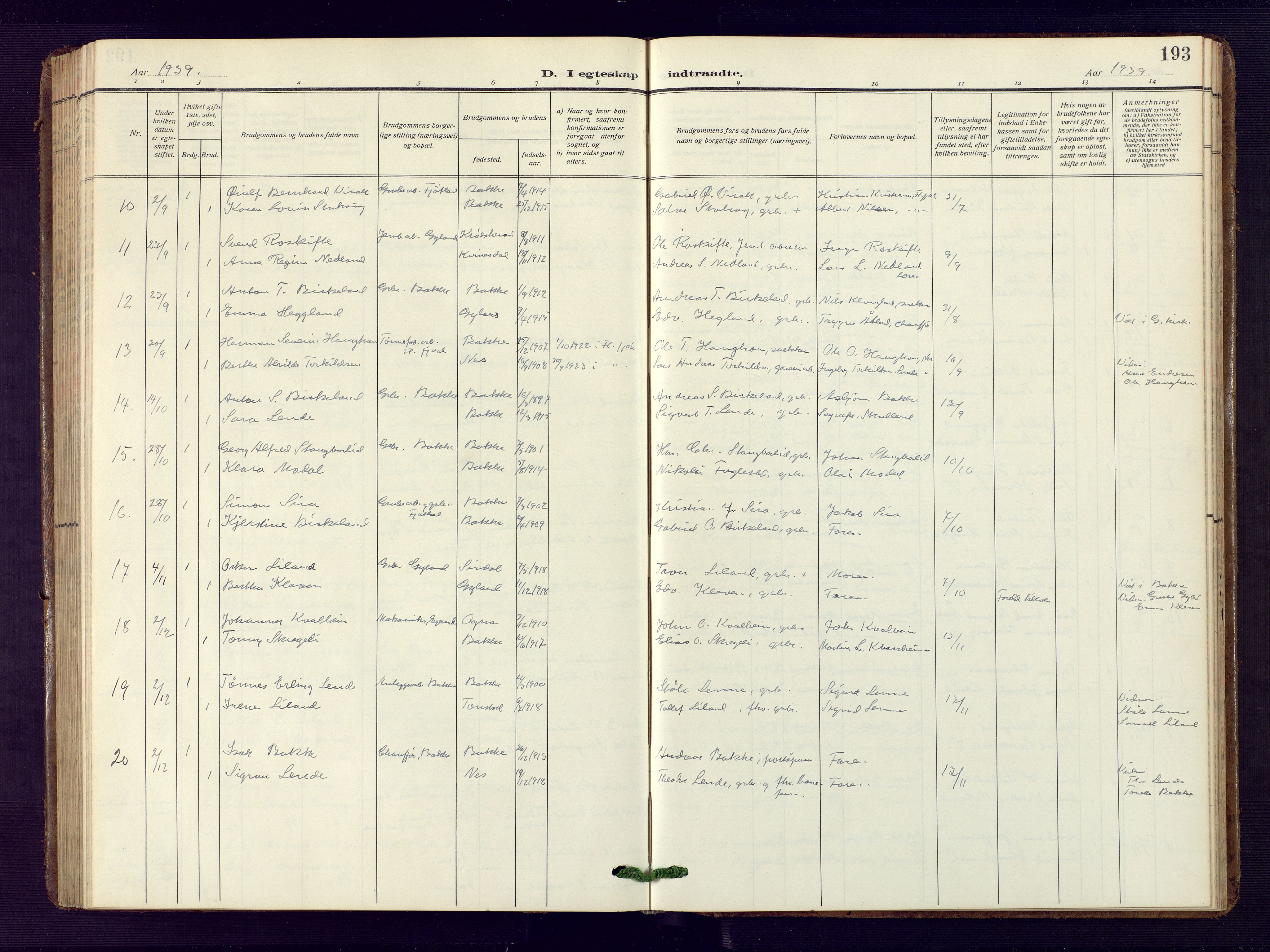 Bakke sokneprestkontor, AV/SAK-1111-0002/F/Fb/Fba/L0004: Parish register (copy) no. B 4, 1911-1946, p. 193