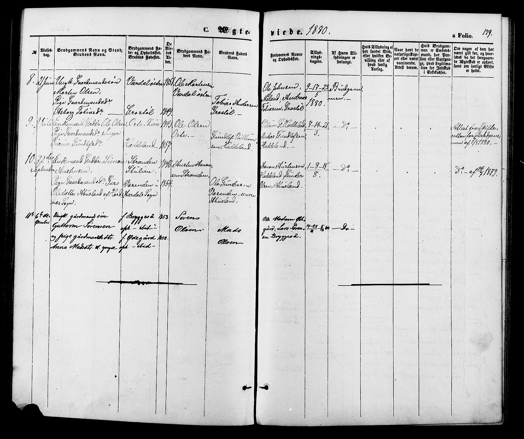 Hægebostad sokneprestkontor, AV/SAK-1111-0024/F/Fa/Fab/L0003: Parish register (official) no. A 3, 1872-1886, p. 179