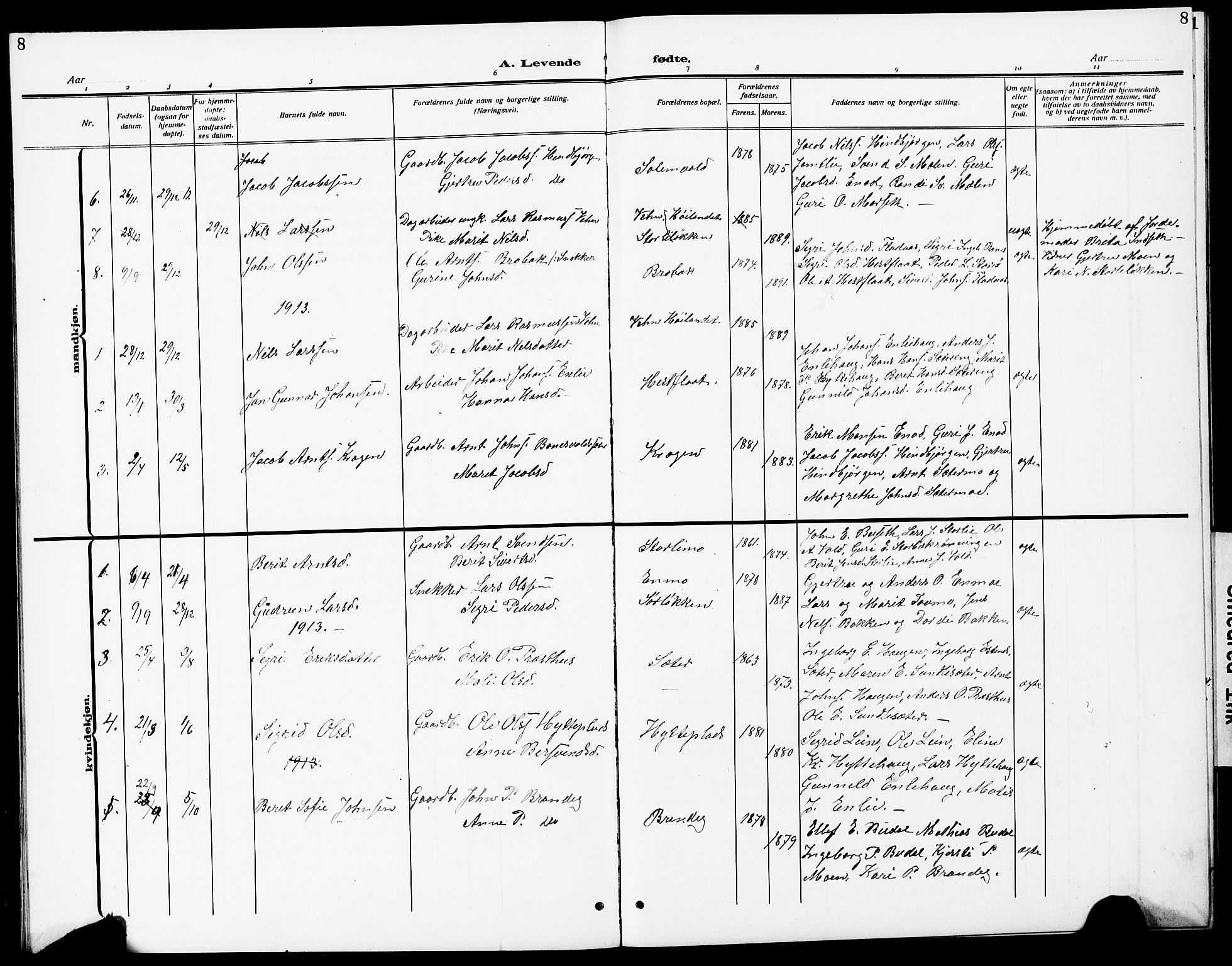 Ministerialprotokoller, klokkerbøker og fødselsregistre - Sør-Trøndelag, AV/SAT-A-1456/690/L1052: Parish register (copy) no. 690C02, 1907-1929, p. 8