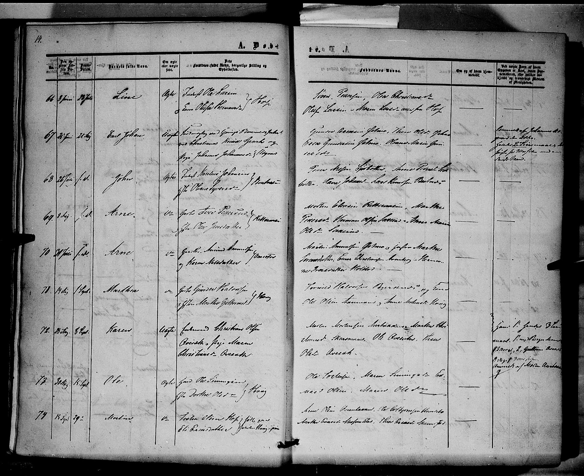 Hof prestekontor, SAH/PREST-038/H/Ha/Haa/L0008: Parish register (official) no. 8, 1849-1861, p. 14
