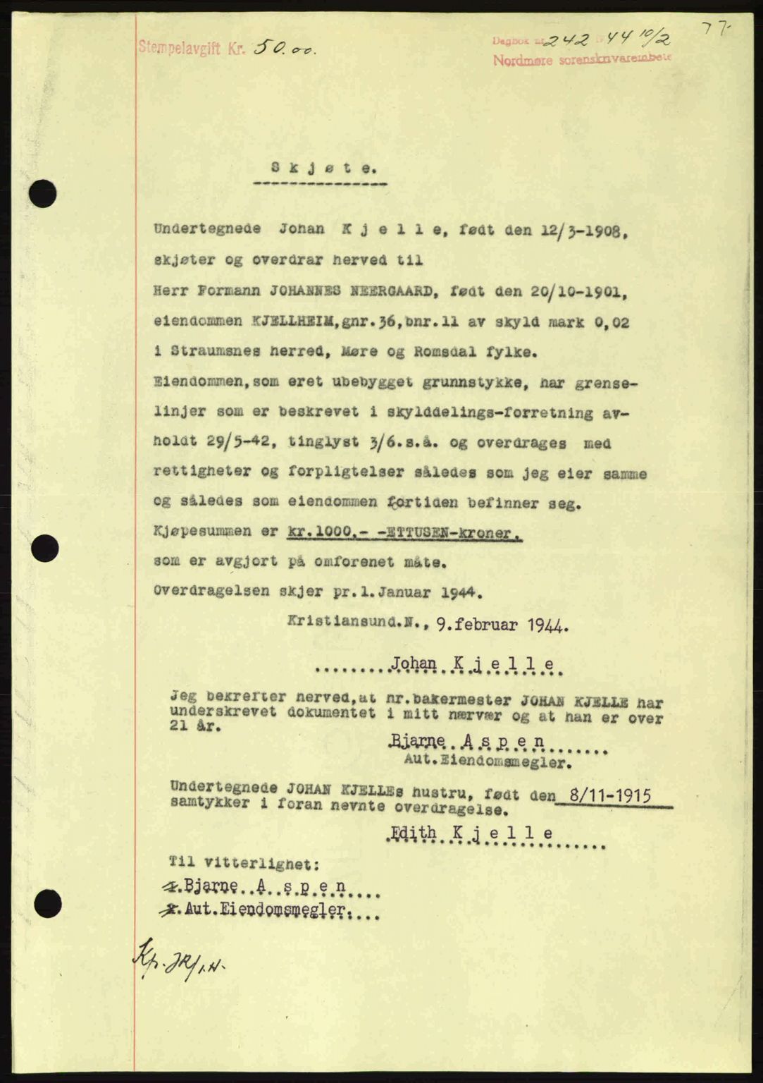 Nordmøre sorenskriveri, AV/SAT-A-4132/1/2/2Ca: Mortgage book no. A97, 1944-1944, Diary no: : 242/1944