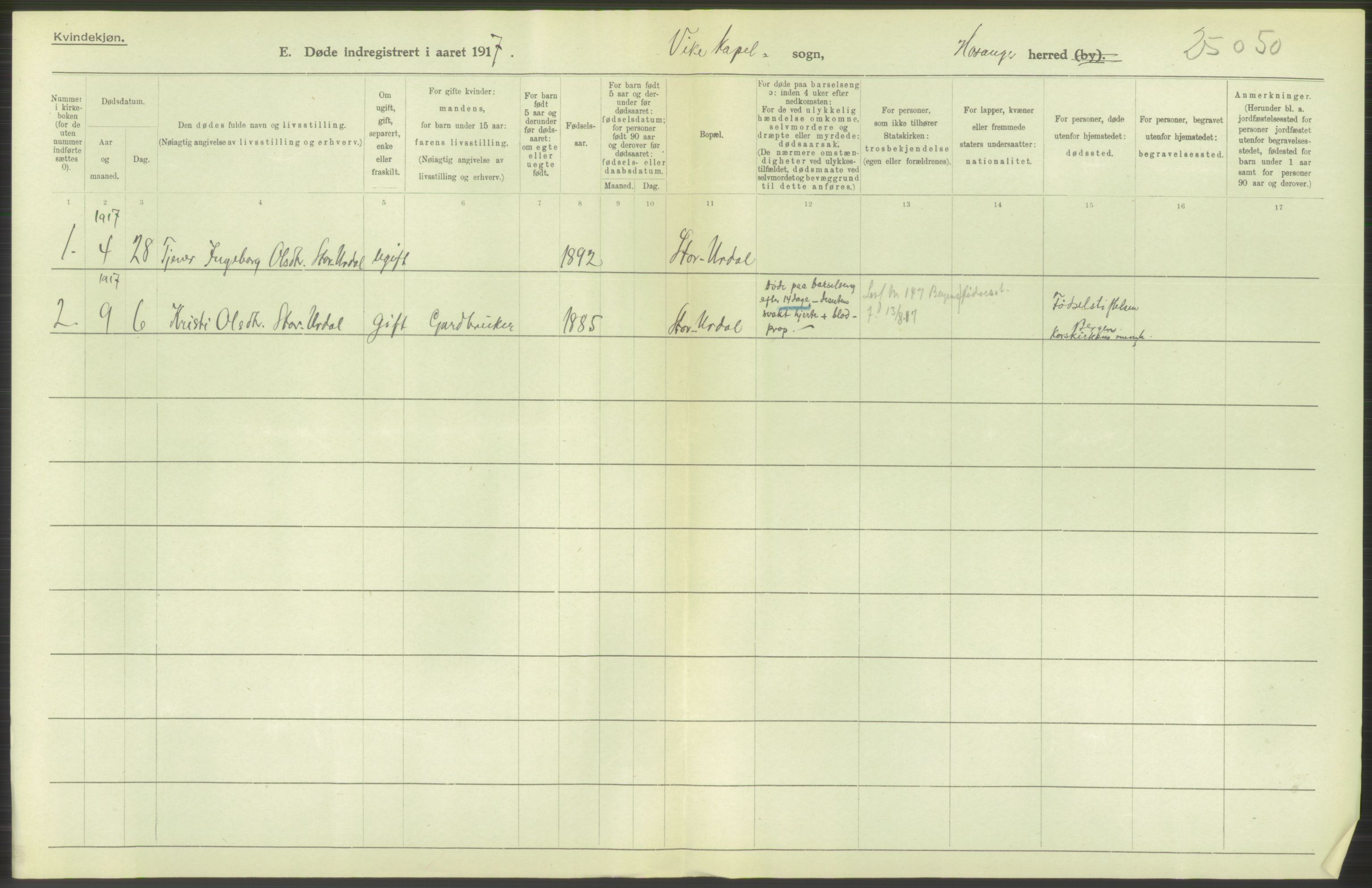 Statistisk sentralbyrå, Sosiodemografiske emner, Befolkning, RA/S-2228/D/Df/Dfb/Dfbg/L0036: S. Bergenhus amt: Døde, dødfødte. Bygder., 1917, p. 346