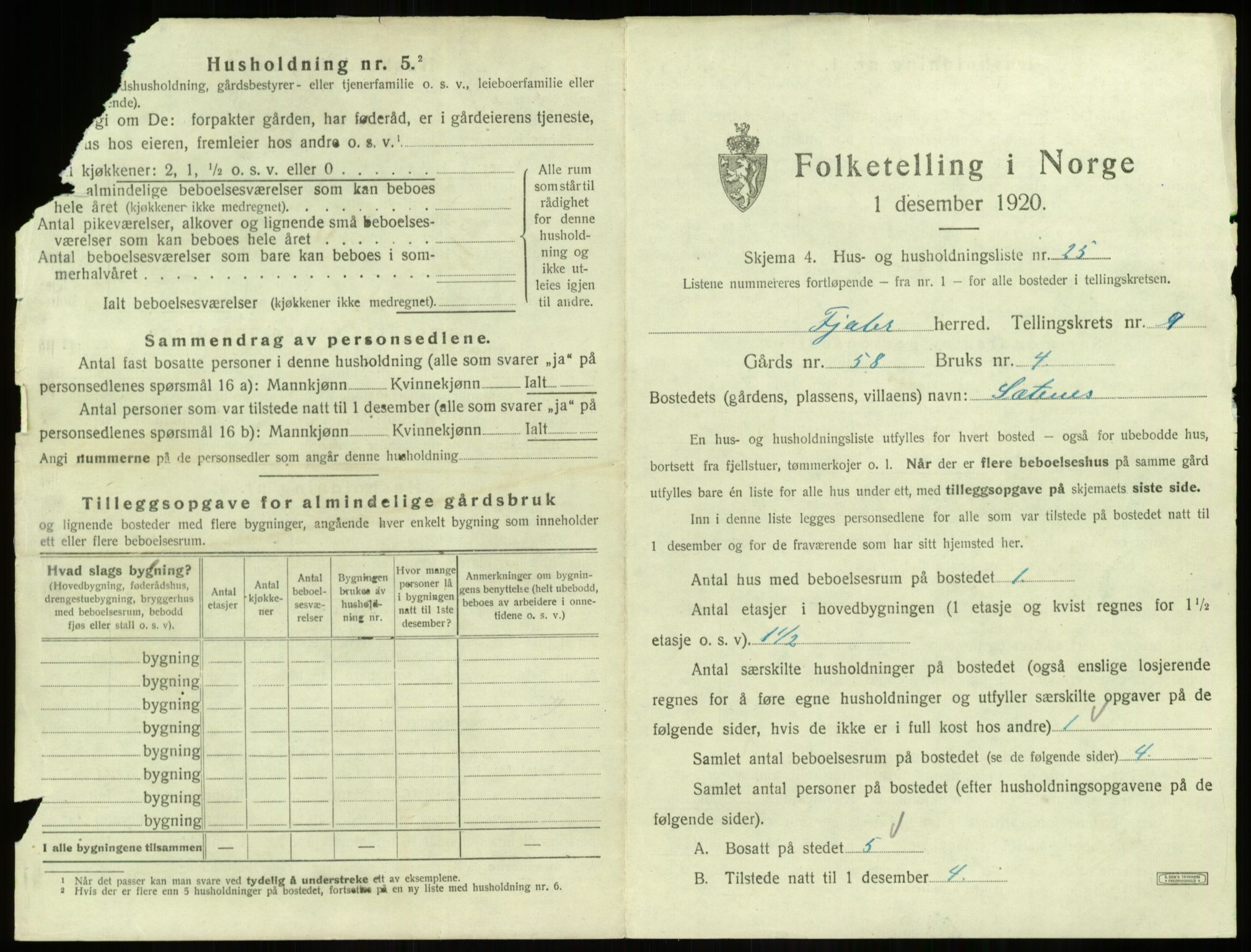 SAB, 1920 census for Fjaler, 1920, p. 706