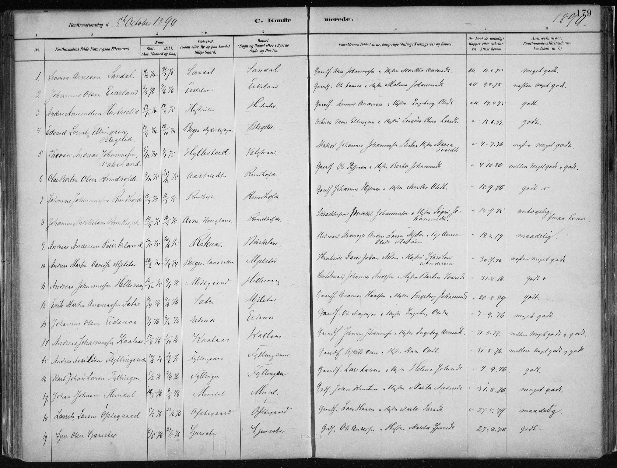 Hamre sokneprestembete, SAB/A-75501/H/Ha/Haa/Haab/L0001: Parish register (official) no. B  1, 1882-1905, p. 179