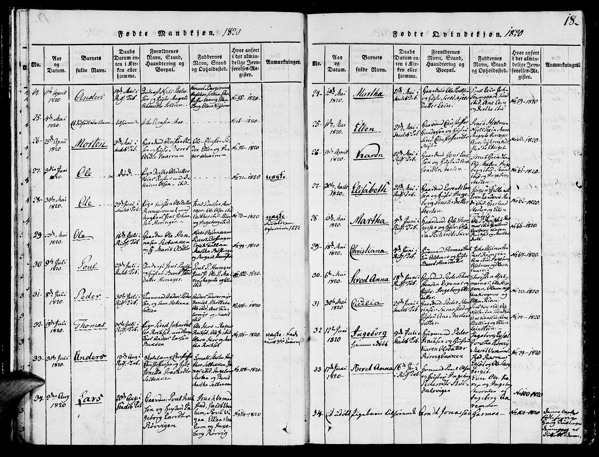 Ministerialprotokoller, klokkerbøker og fødselsregistre - Sør-Trøndelag, SAT/A-1456/646/L0608: Parish register (official) no. 646A06, 1816-1825, p. 18