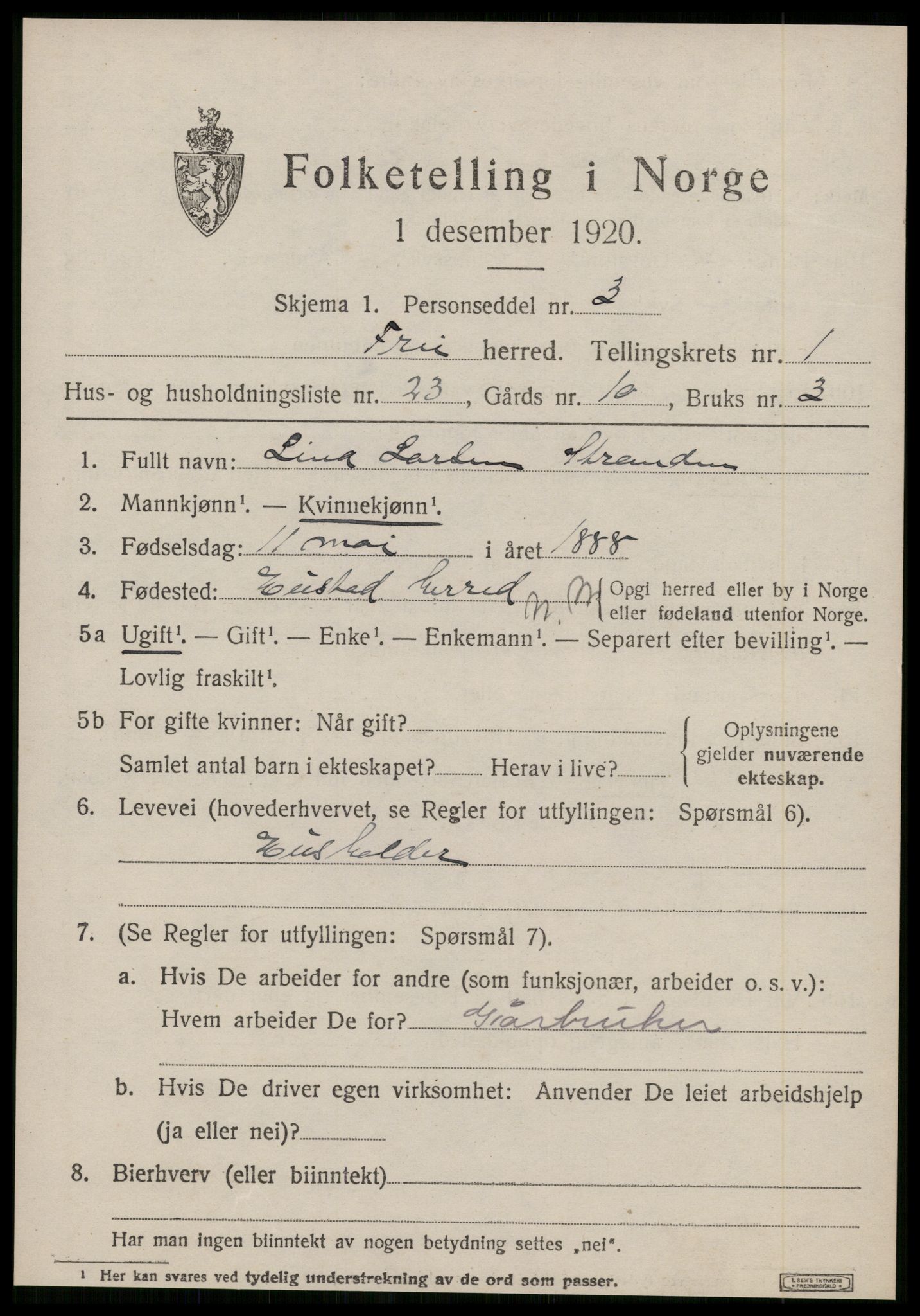 SAT, 1920 census for Frei, 1920, p. 749